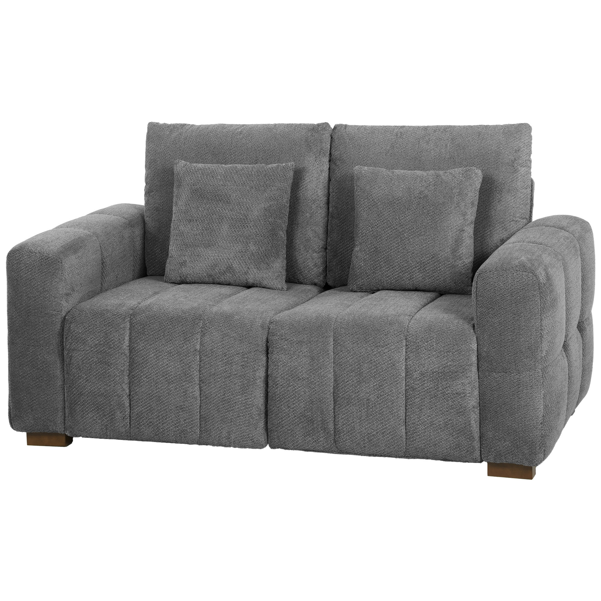 Homcom Grey 2 Seater Sofa, Upholstered Velvet Small Couch For Bedroom With Pillows, Padded Cushion And Wood Legs,