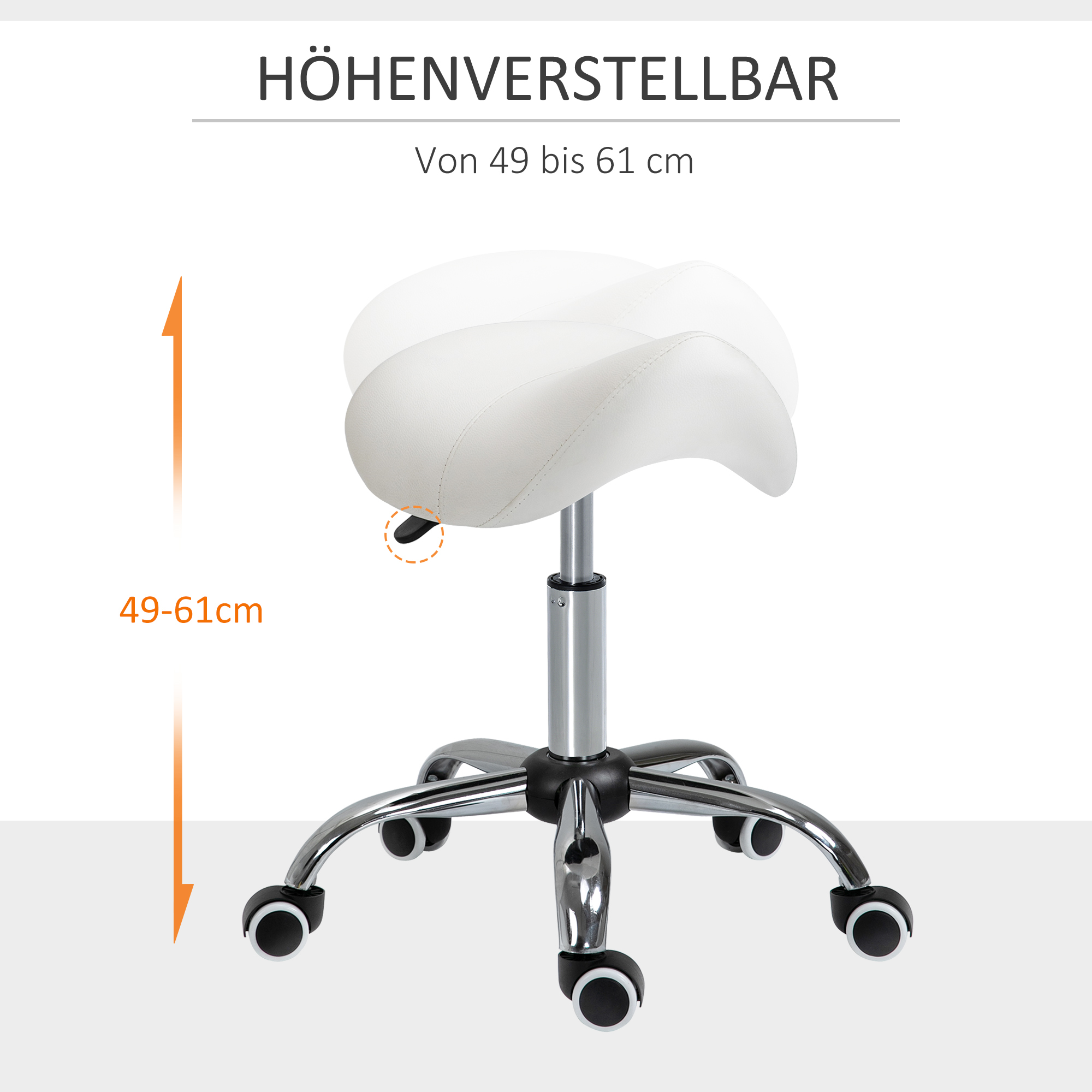Kõrguse reguleerimisega ratastel tool, pöörlev tool 49–61 cm, pöörlev töötool, sadultooli kontorisse, salongi, massaaži, spaasse, kreemvalge