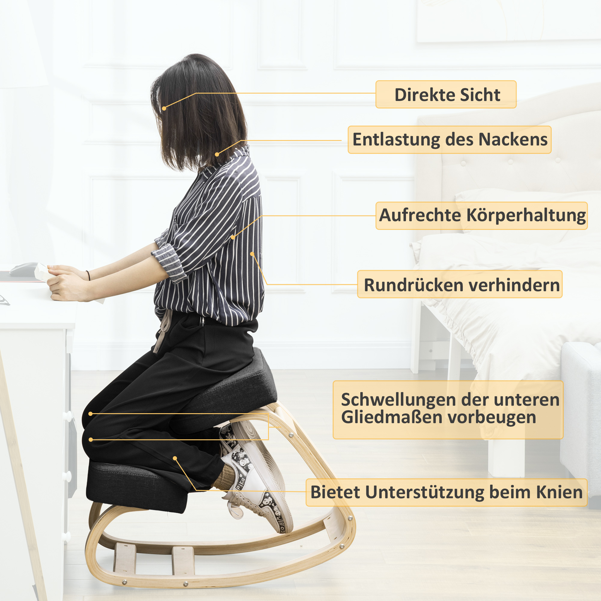 Põlvitustooli, ergonoomiline taburet, polsterdatud taburet tervisliku rühi jaoks, kasepuit, kandevõime 120 kg, must