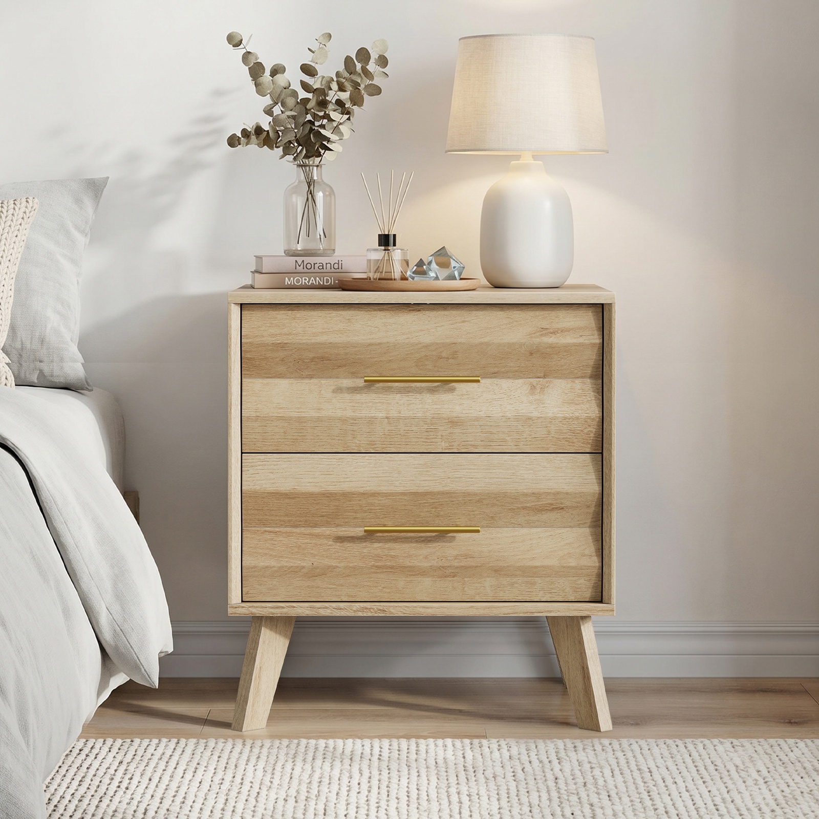 Modern Walnut-Effect Bedside Cabinet with 2 Drawers and Fluted Fronts, Retro Storage for Bedrooms and Offices, 57L x 40W x 57H cm, Walnut   Aosom UK
