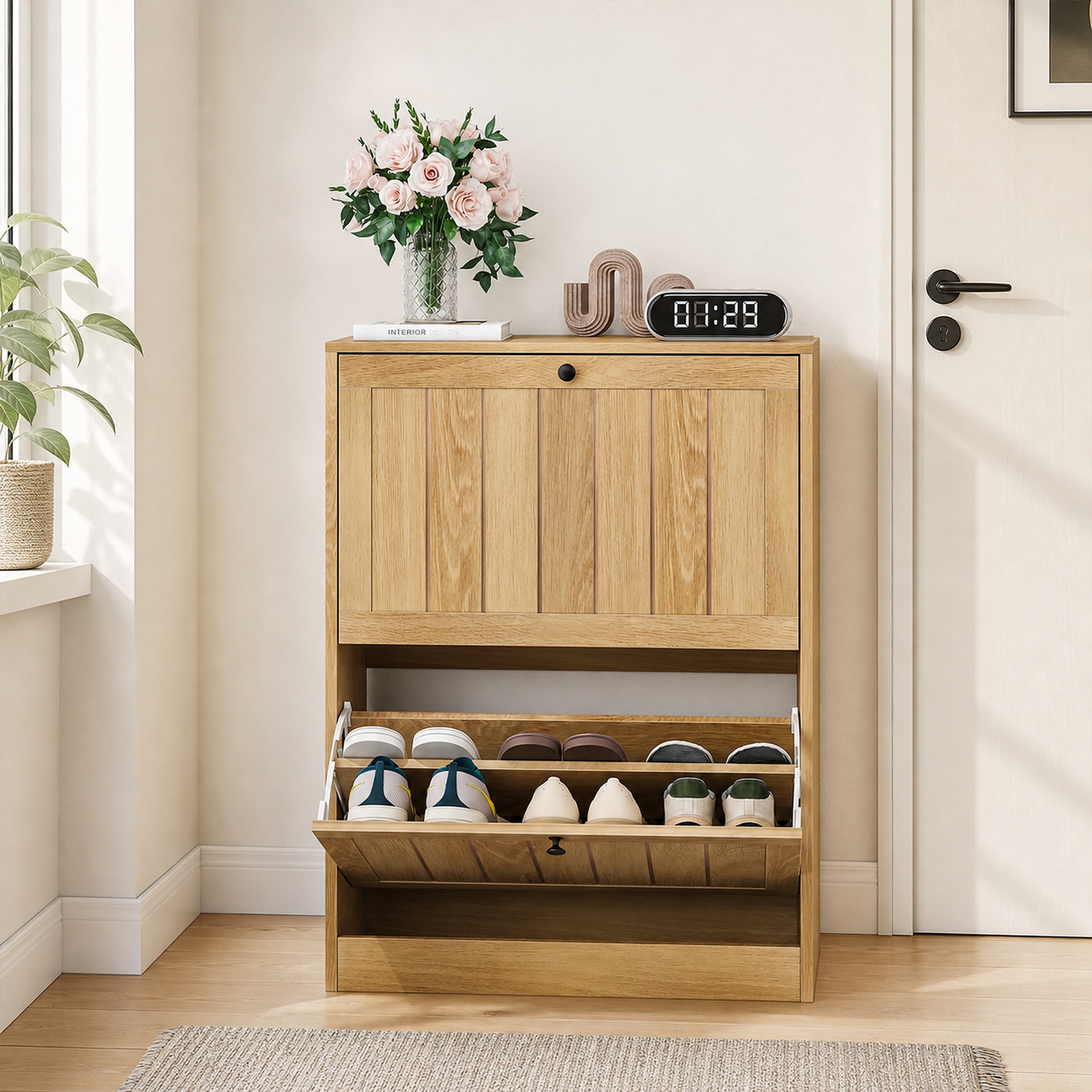 Farmhouse Walnut Shoe Storage Cabinet with 2 Flip Drawers, Slim Fence Shoe Cabinet for Corridor Entrance, 80L x 24W x 98H cm, Walnut   Aosom UK
