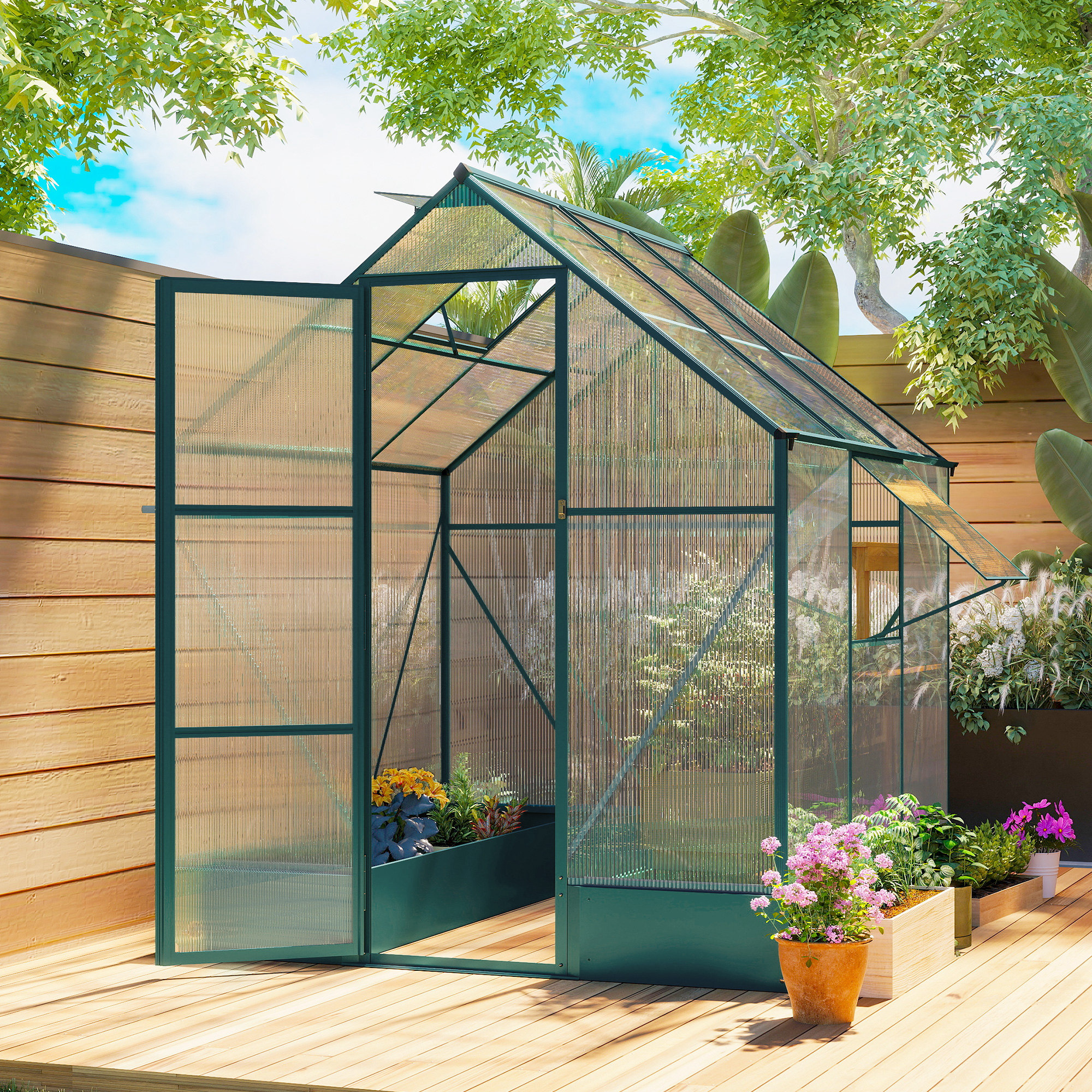 Outsunny 6×6 FT Polycarbonate Greenhouse with Base and Raised Bed, Walk-in Greenhouse with Aluminium Frame, Temperature Controlled Window, Lockable Door, Foundation for Plants, Flowers, Vegetable Outsunny 6×6 FT Polycarbonate Greenhouse with Base and Raised Bed, Walk-in Greenhouse with Aluminium Frame, Temperature Controlled Window, Lockable Door, Foundation for Plants, Flowers, Vegetable