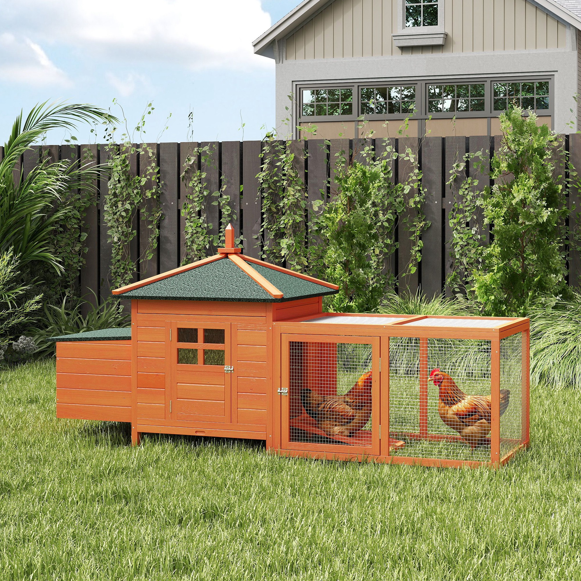 PawHut HüHnerstall Aus Holz Mit 1 Nistkasten, Wasserdichtem Dach, Herausziehbarem Tablett Und TüR, FüR 1-2 HüHner/Ente, Garten, 196X76X97 Cm, Orange Aosom-image