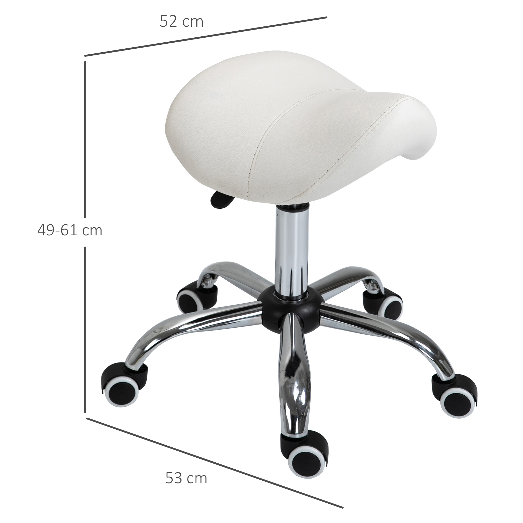 Kõrguse reguleerimisega ratastel tool, pöörlev tool 49–61 cm, pöörlev töötool, sadultooli kontorisse, salongi, massaaži, spaasse, kreemvalge
