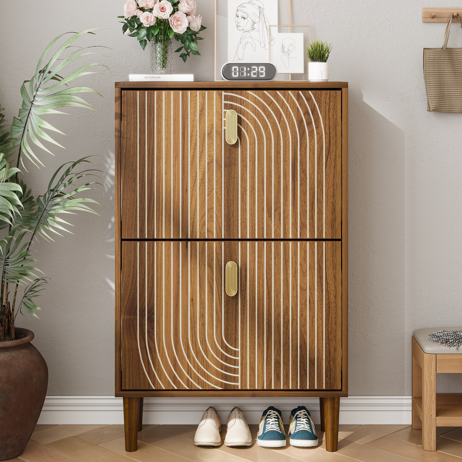 Minimalist Walnut Shoe Storage Cabinet with 2 Flip Drawers, Freestanding Shoe Rack Cabinet for Entryway, 60L x 24W x 96H cm, Walnut   Aosom UK
