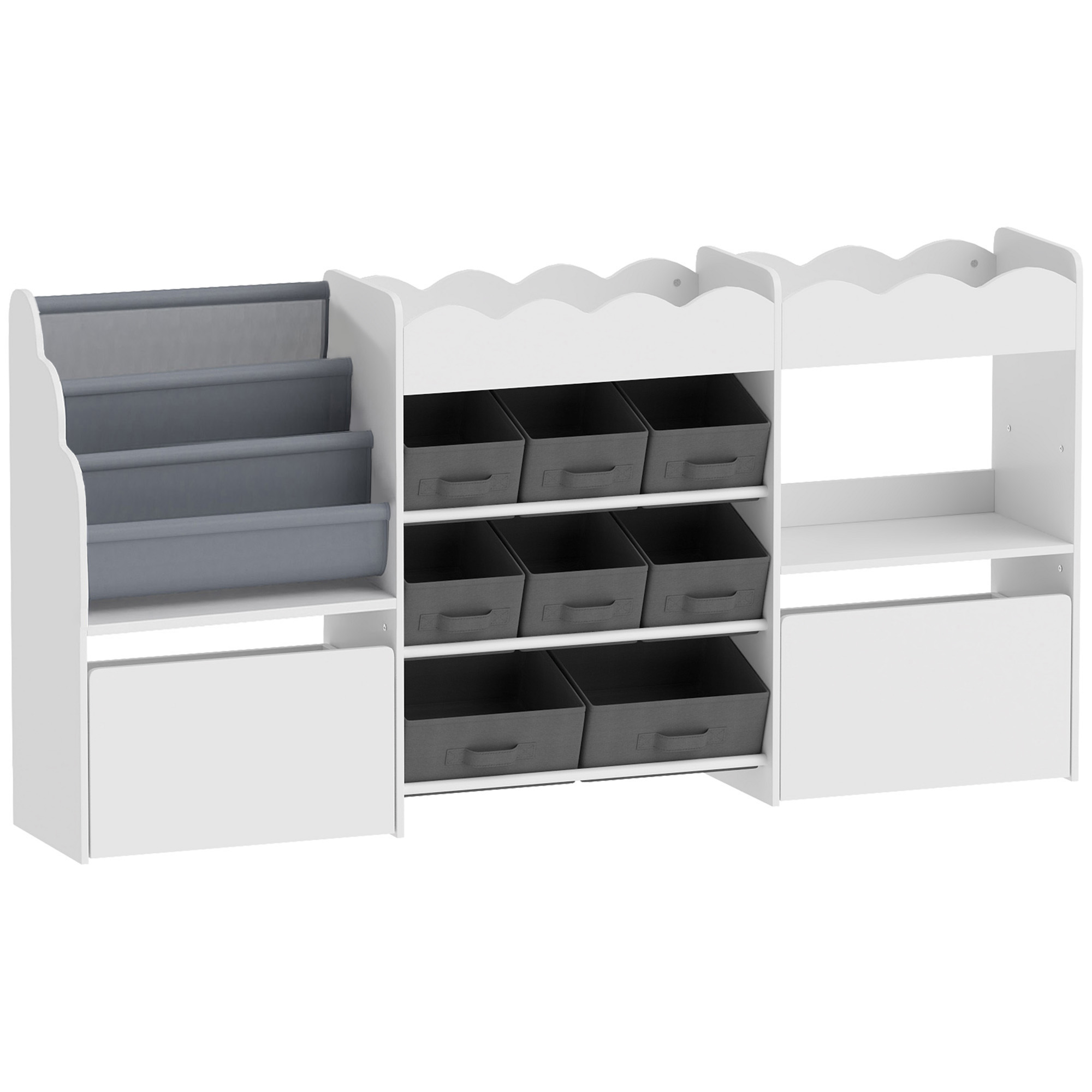 AIYAPLAY Kinderregal Kinder Bücherregal mit 8 Stoffboxen 2 Rollschubladen Zeitschriftenfach 2 offenen Fächern, Montessori Spielzeugregal Spielzeug Aufbewahrung für Kinderzimmer 158 x 30 x 80 cm Weiß Aosom