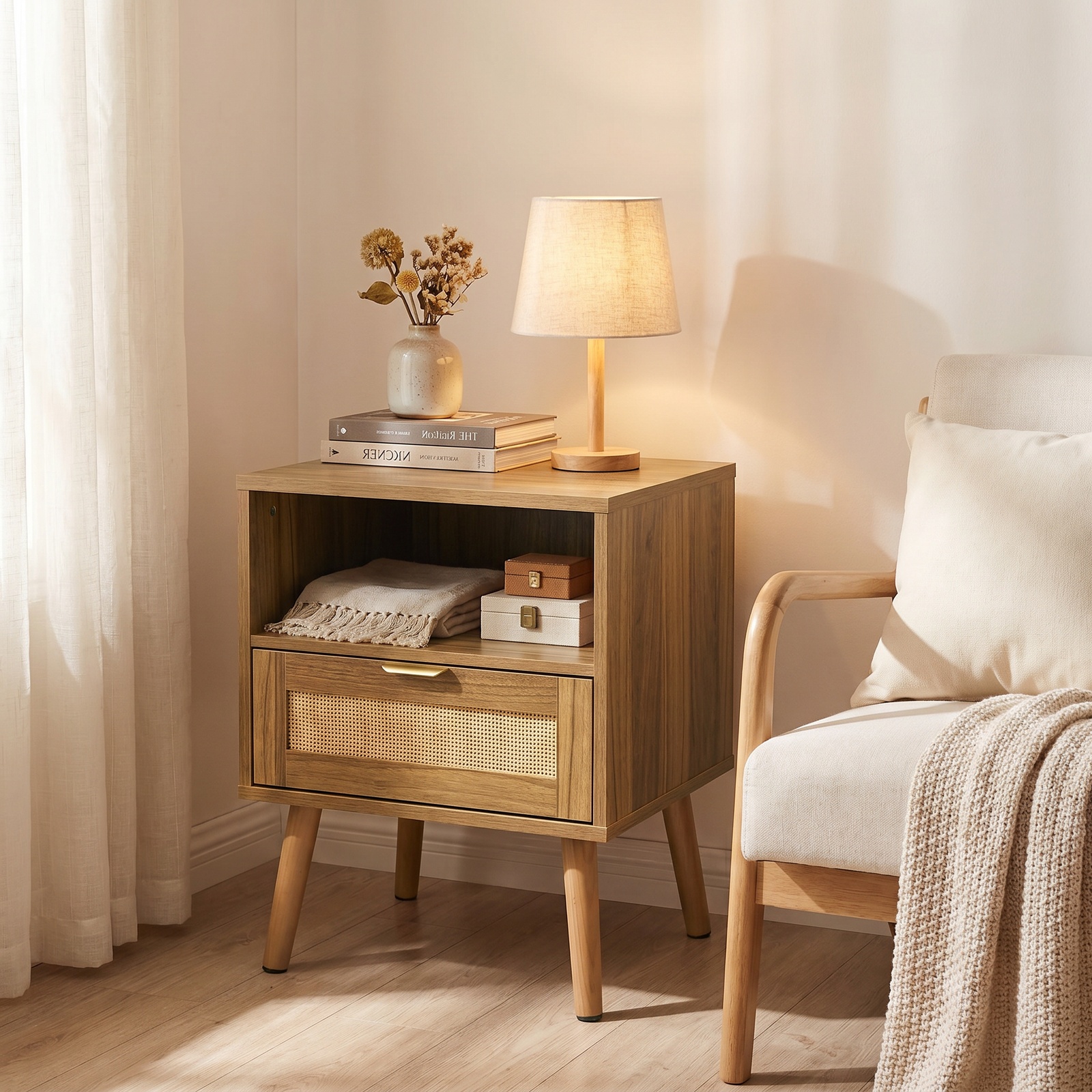 Boho Rattan Nightstand with Rattan Drawer, Open Shelf and Gold Handles, Mid-Century Bedside Table for Bedroom, 45L x 40W x 55H cm, Walnut   Aosom UK