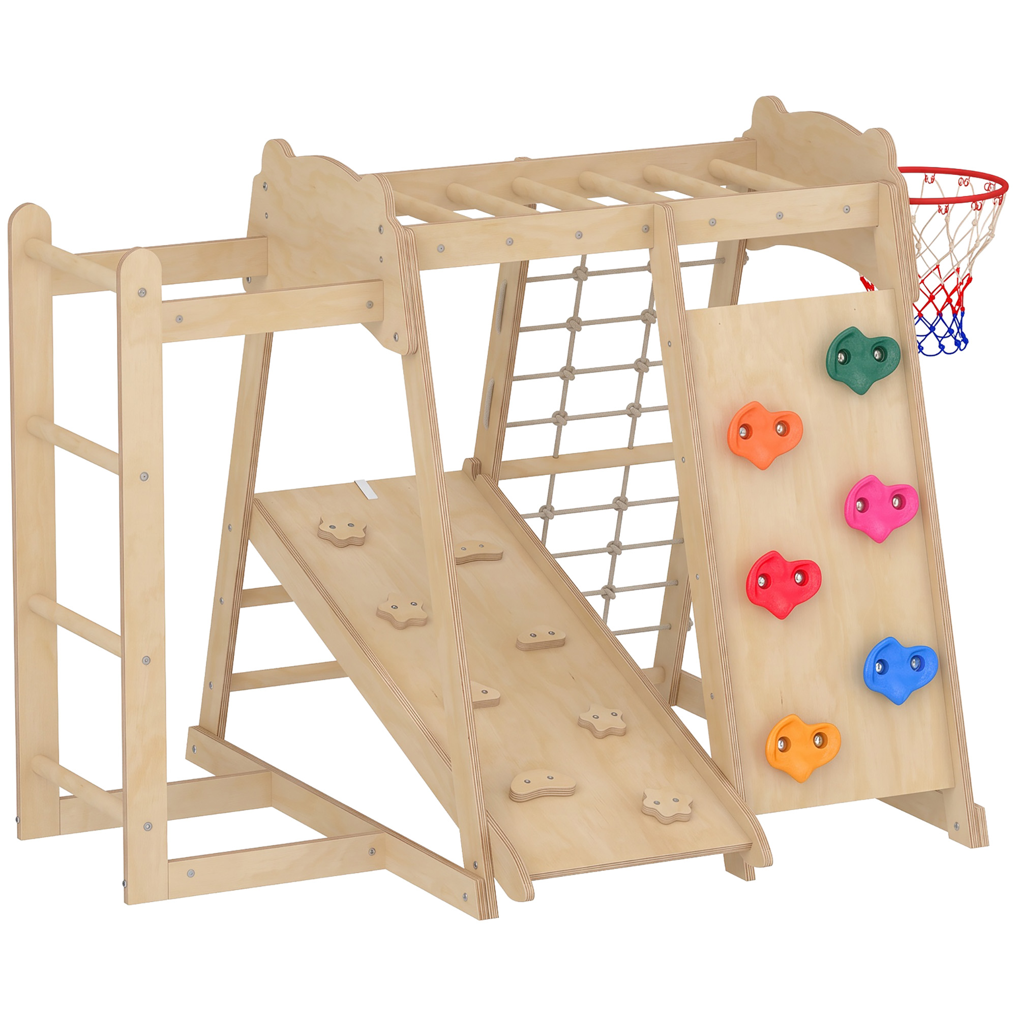 AIYAPLAY 7-in-1 Montessori Klettergerüst Indoor Kiefernholz Spielplatz mit Rutsche Kletterwand Kletterstangen Basketballkorb Leiter Kletternetz, Kletterturm Indoor für Kinder 3-6 Jahre Aosom