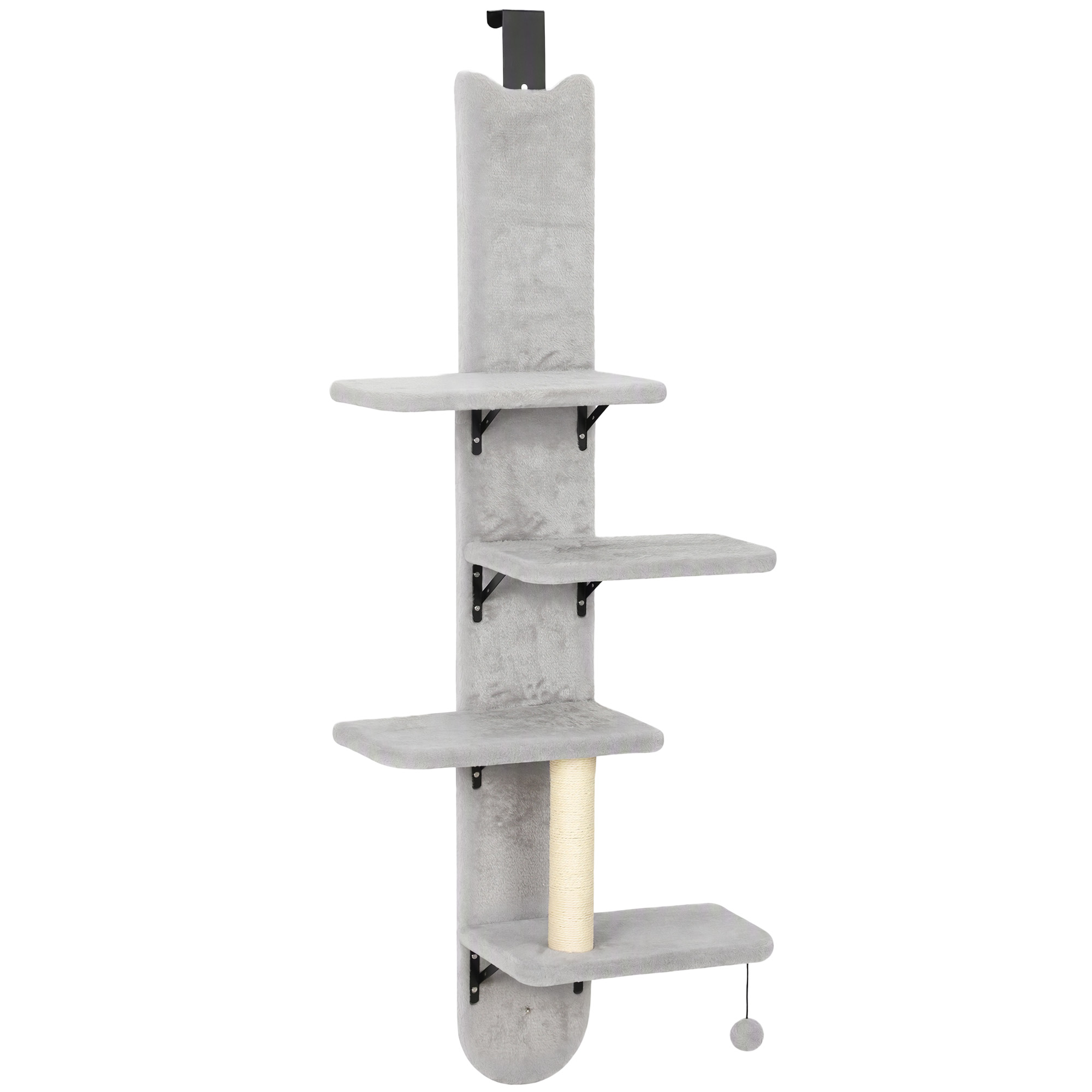 PawHut Kratzbaum 4 Etagen 144,5 cm Wandmontierter Katzenbaum Katzenturm mit Sisal-Kratzsäulen Spielball Sprungplatte für Katzen zum Klettern, Kratzen Hellgrau Aosom