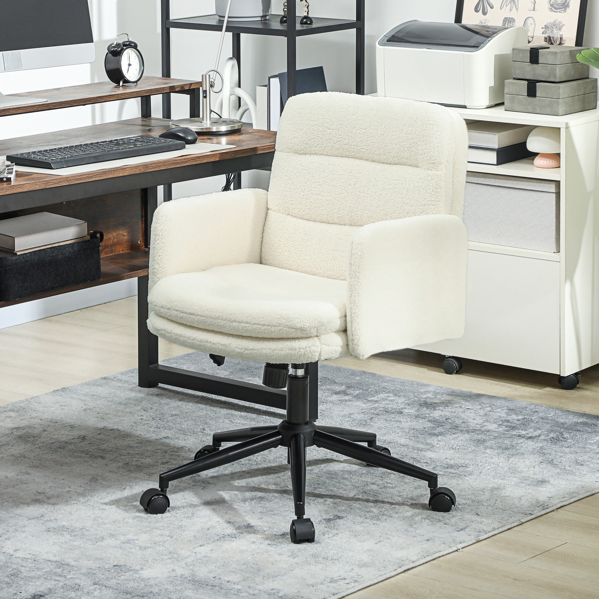 HOMCOM Schreibtischstuhl Homeoffice Stuhl mit Bouclé-Optik höhenverstellbar Bürostuhl mit Wippfunktion Drehstuhl bis 120 kg belastbar für Schlafzimmer, Arbeitsz – Bild 2 von 2