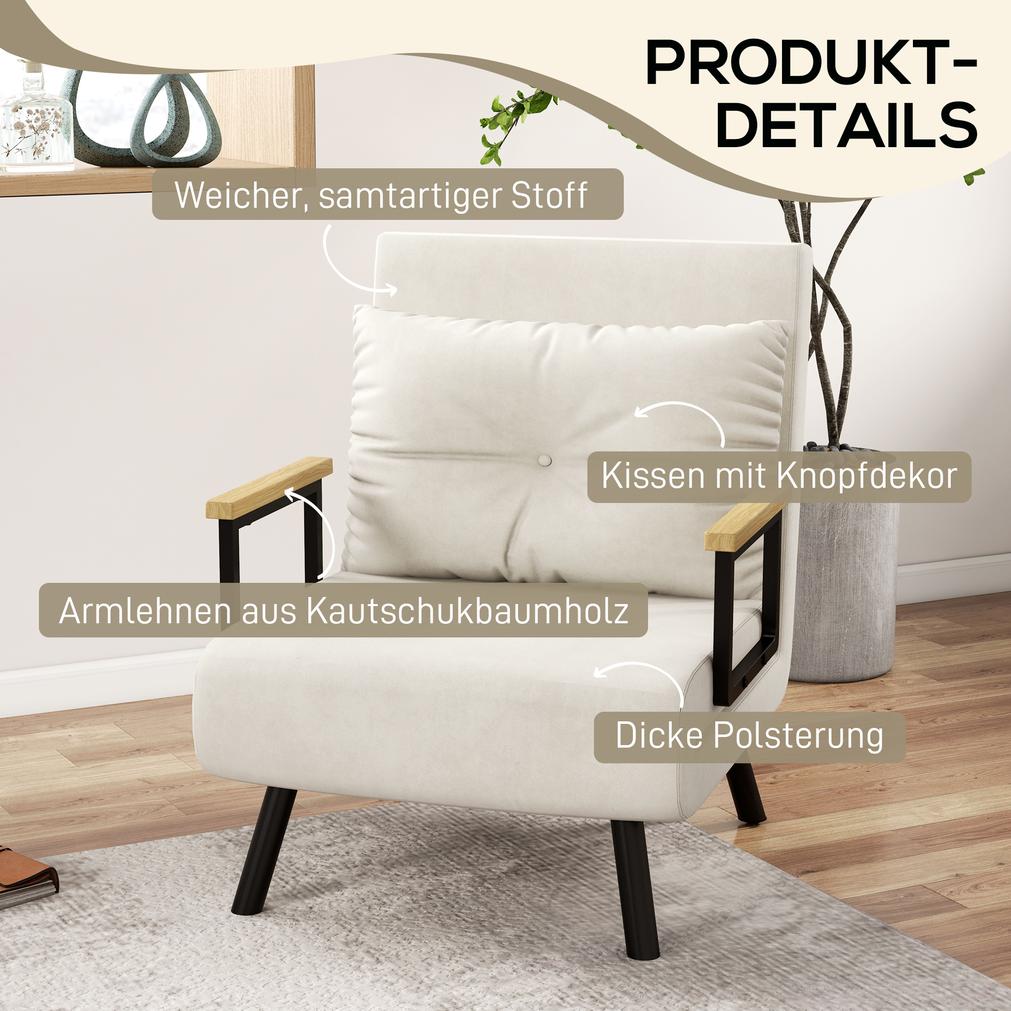 Skandinaavia disainiga lamav tugitool, lounge-tool, lugemistool. Sisaldab nööpidega tepitud patja, kreemvalge.