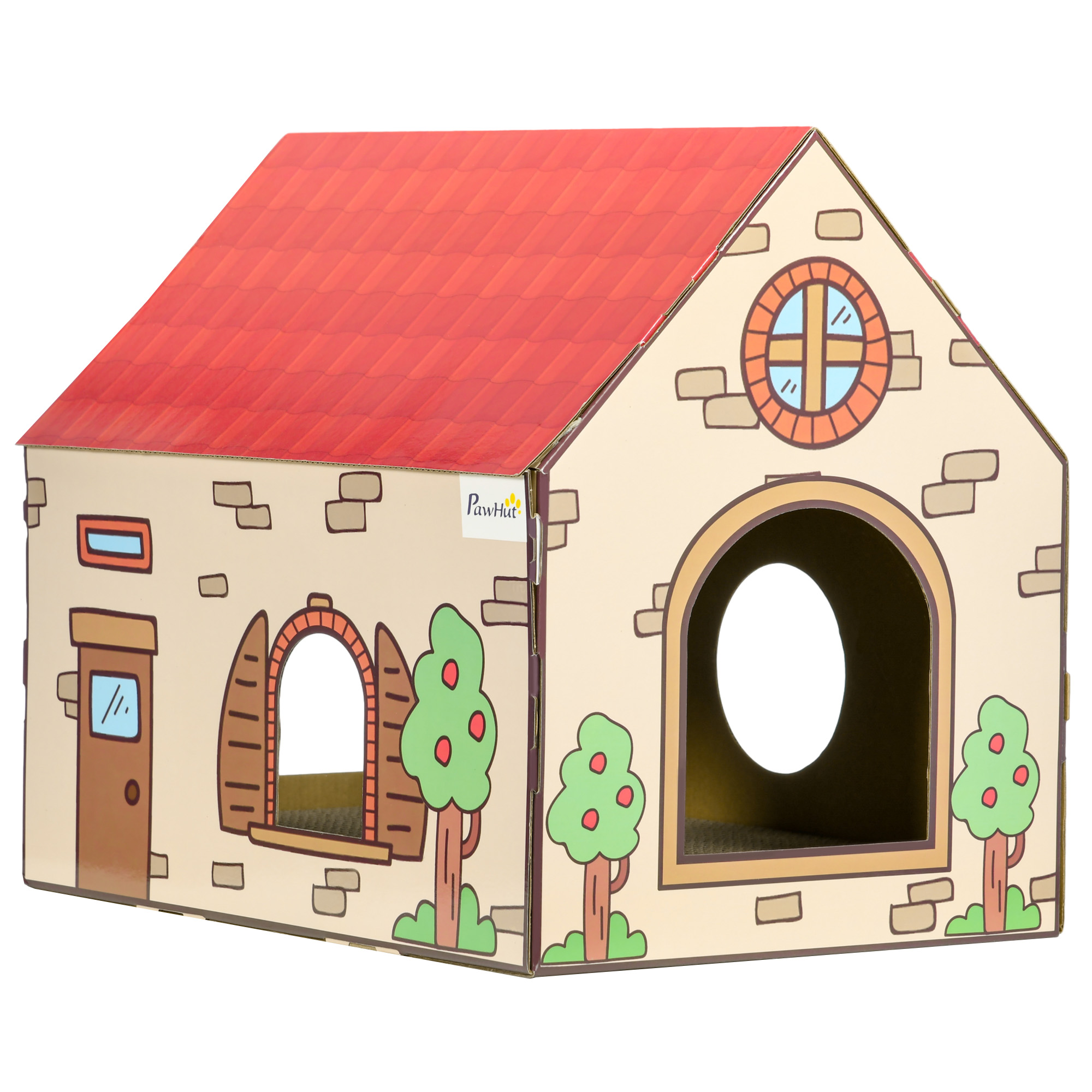 PawHut Two-In-One Cat House, Cat Scratching Board with Scratcher, Catnip, Cat Cardboard Scratcher for Indoor Cats