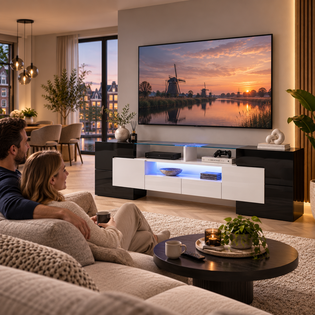 Modern hoogglans tv-meubel met geïntegreerde LED-verlichting, zwart | Aosom Netherlands