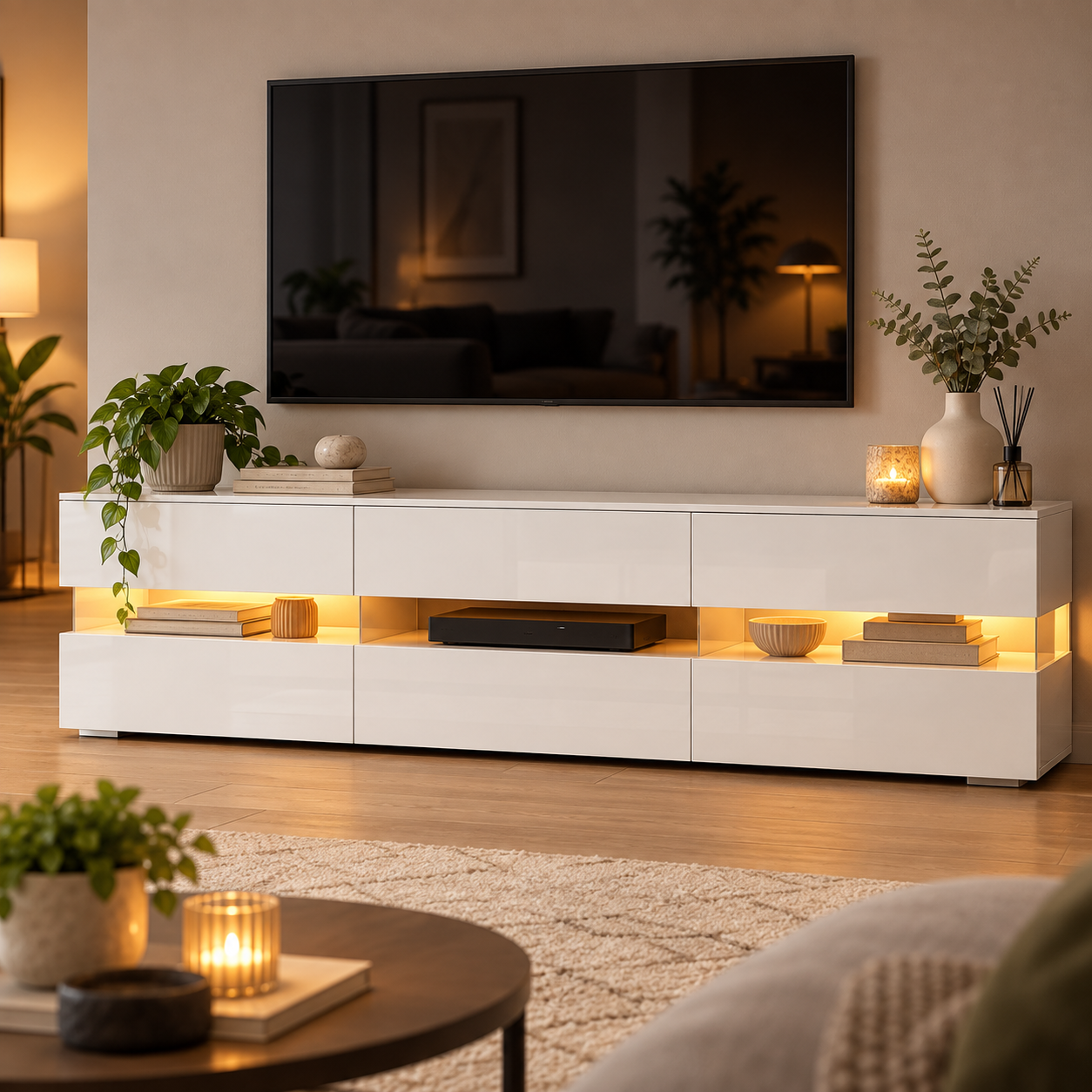 Modern hoogglans TV-meubel met LED-verlichting, wit | Aosom Netherlands