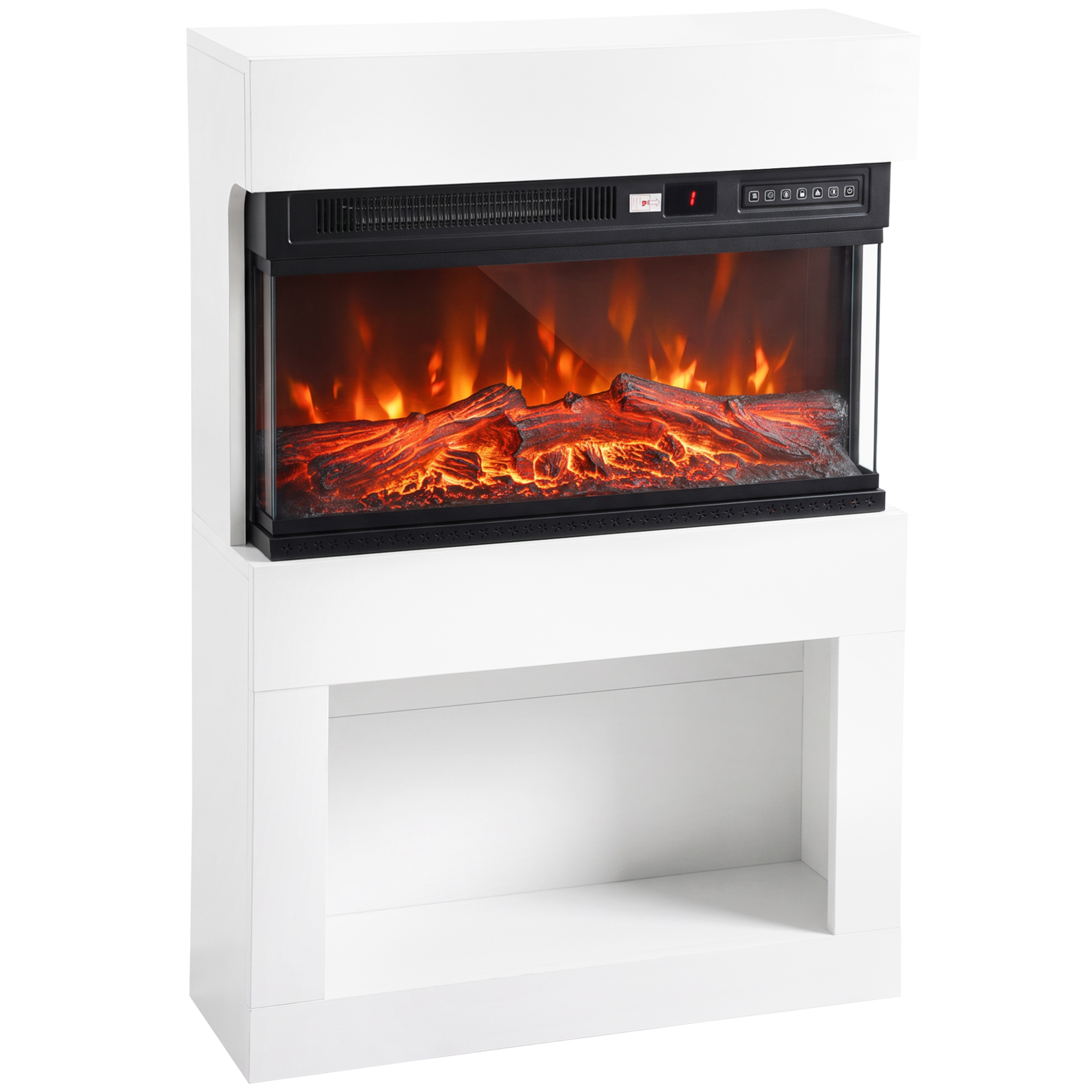 HOMCOM Elektrokamin mit Heizung, 1800 W, 3D-LED-Flammeneffekt, Ablage, Elektrischer Kamin, Wandkamin mit 12 LED-Farben, 2 Heizstufen, 5 Helligkeitsstufen, Thermostat, Timer, Fernbedienung, Weiß Aosom