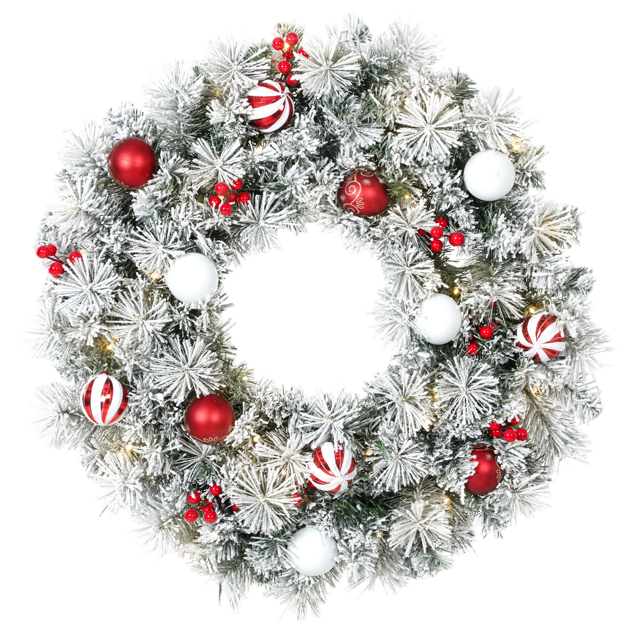 HOMCOM Coroniță de Crăciun Înzăpezită, 60 cm, cu Lumini LED, 8 Moduri, 140 Ramuri, 8 Fructe Roșii și 15 Globuri Decorative, Verde | Aosom Romania