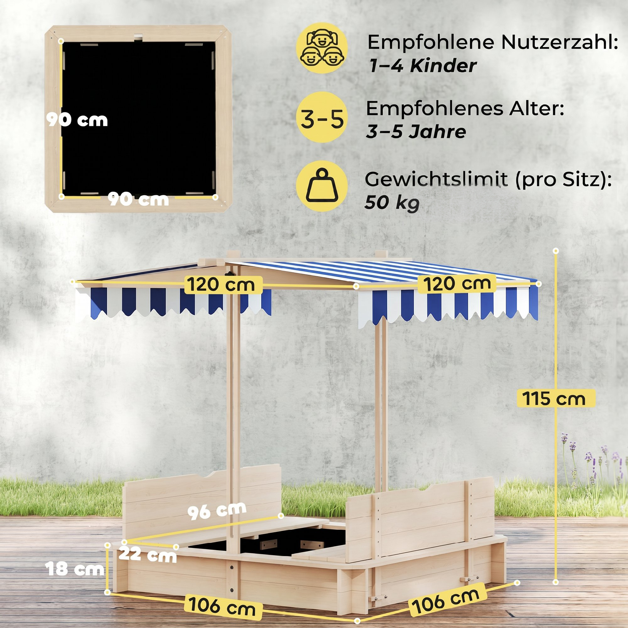 Liivakast 106x106 cm Laste puidust liivakast reguleeritava kõrgusega kaane, pinkide ja seljatugedega, sinine