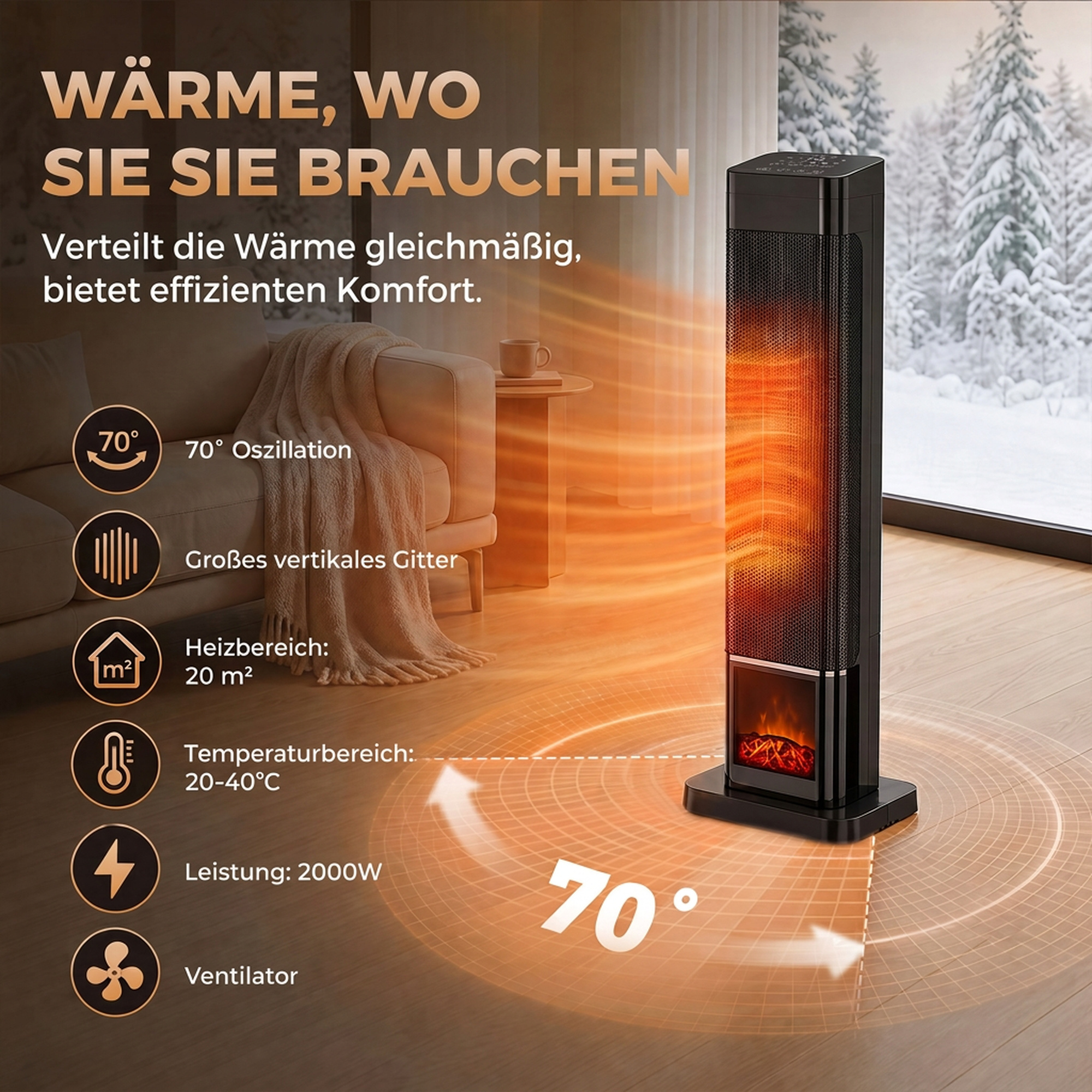 2000W keraamiline leegiefektiga elektriradiaator termostaadi ja kaugjuhtimispuldiga, must