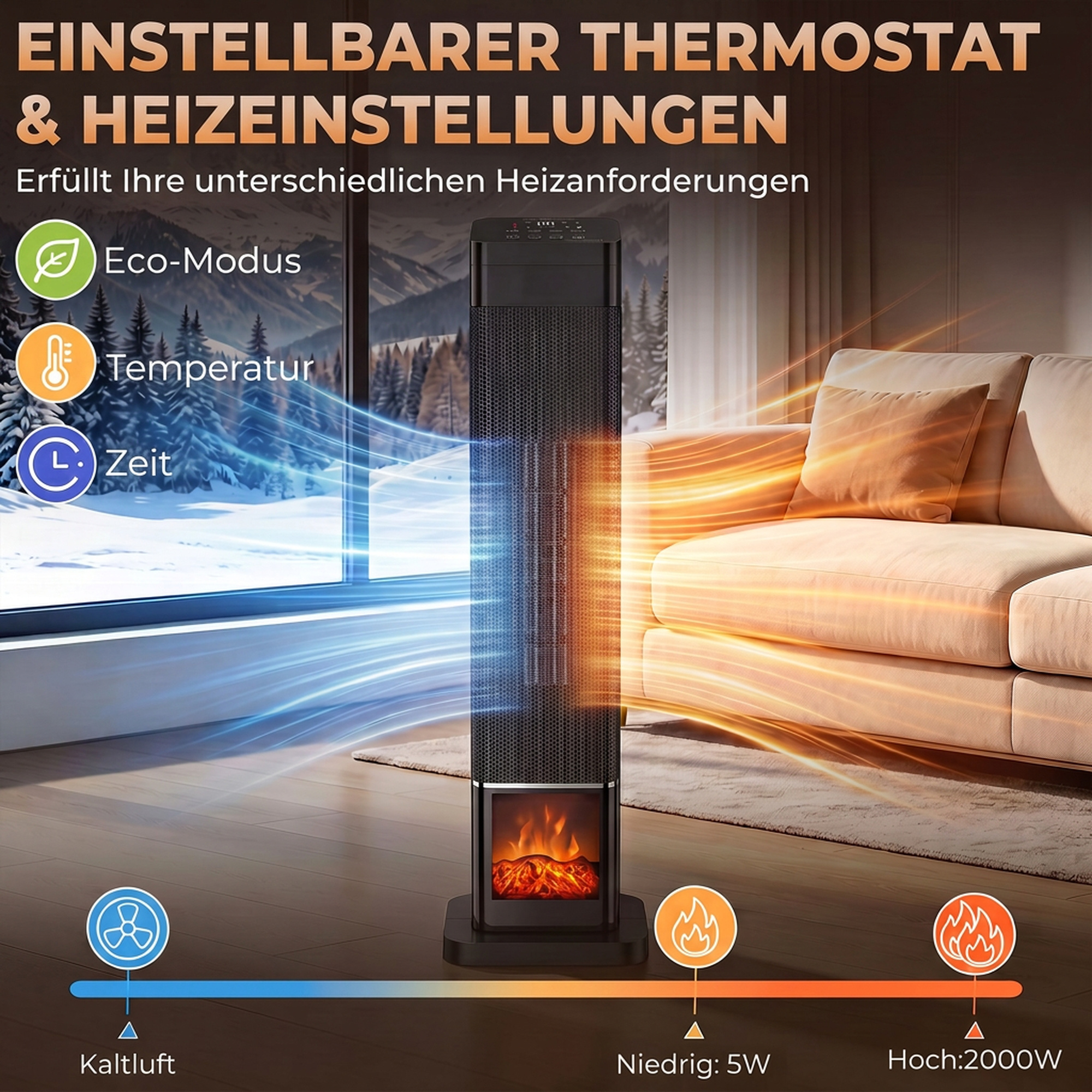2000W keraamiline leegiefektiga elektriradiaator termostaadi ja kaugjuhtimispuldiga, must