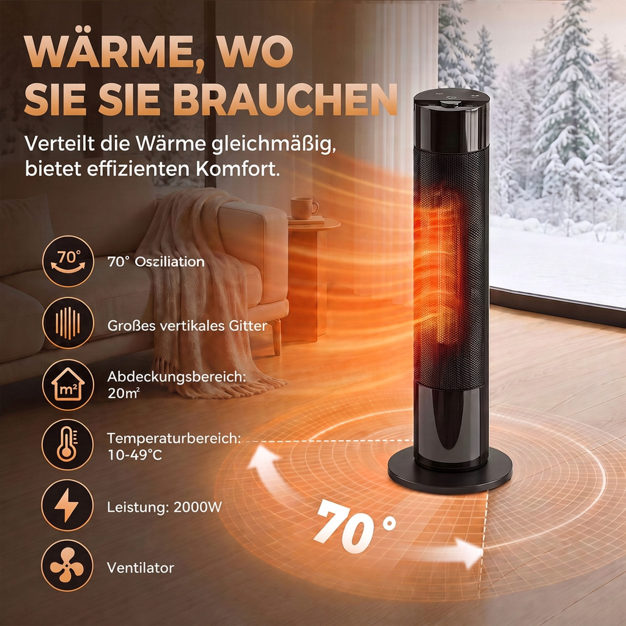 Keraamiline ventilaatorkütteseade 2000W termostaat 3D-leegiga elektrikütteseade puldiga must