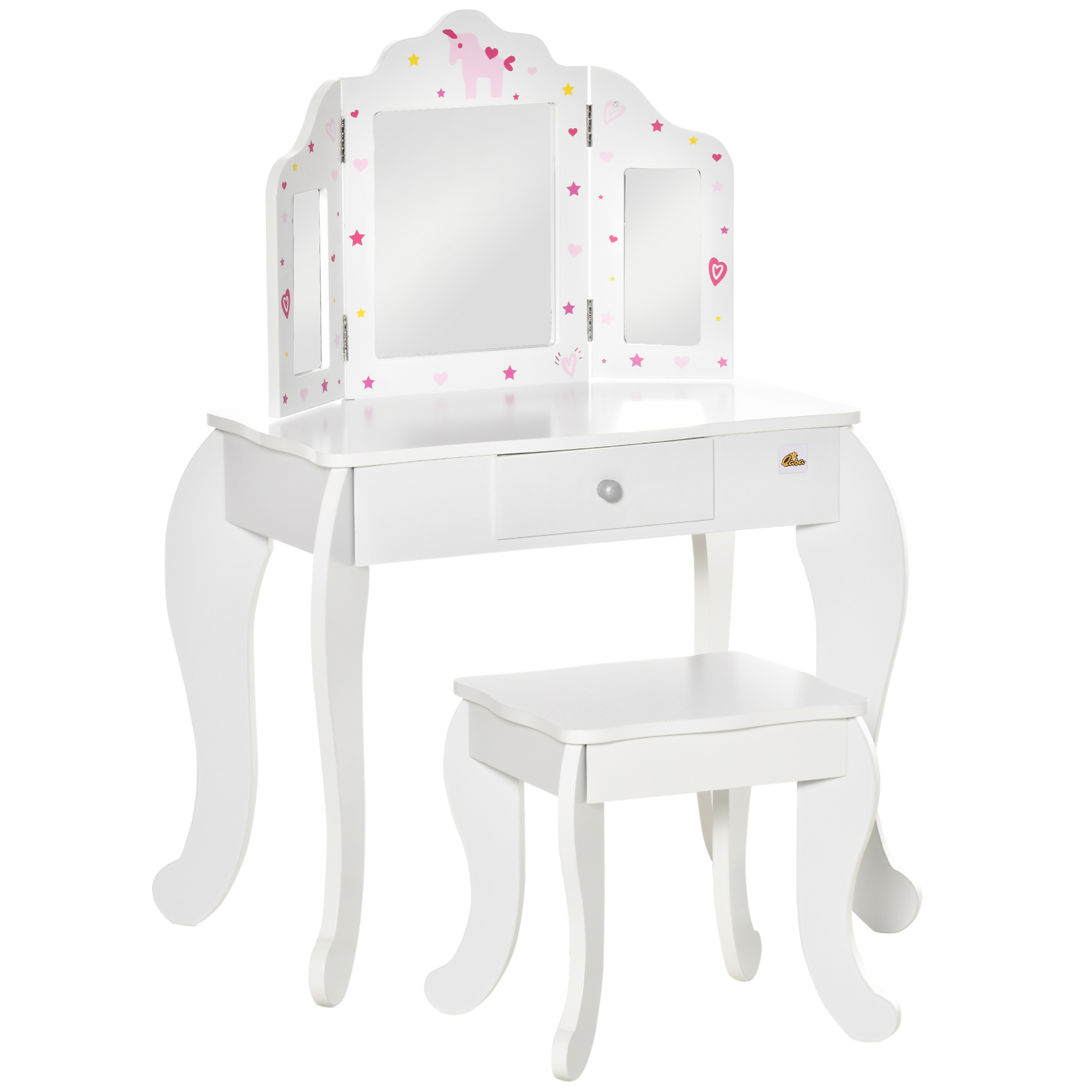 HOMCOM Kids Vanity Table and Chair Set with Tri-Folding Mirror and Stool, Makeup Dressing Table with Drawer, White HOMCOM Kids Vanity Table and Chair Set with Tri-Folding Mirror and Stool, Makeup Dressing Table with Drawer, White
