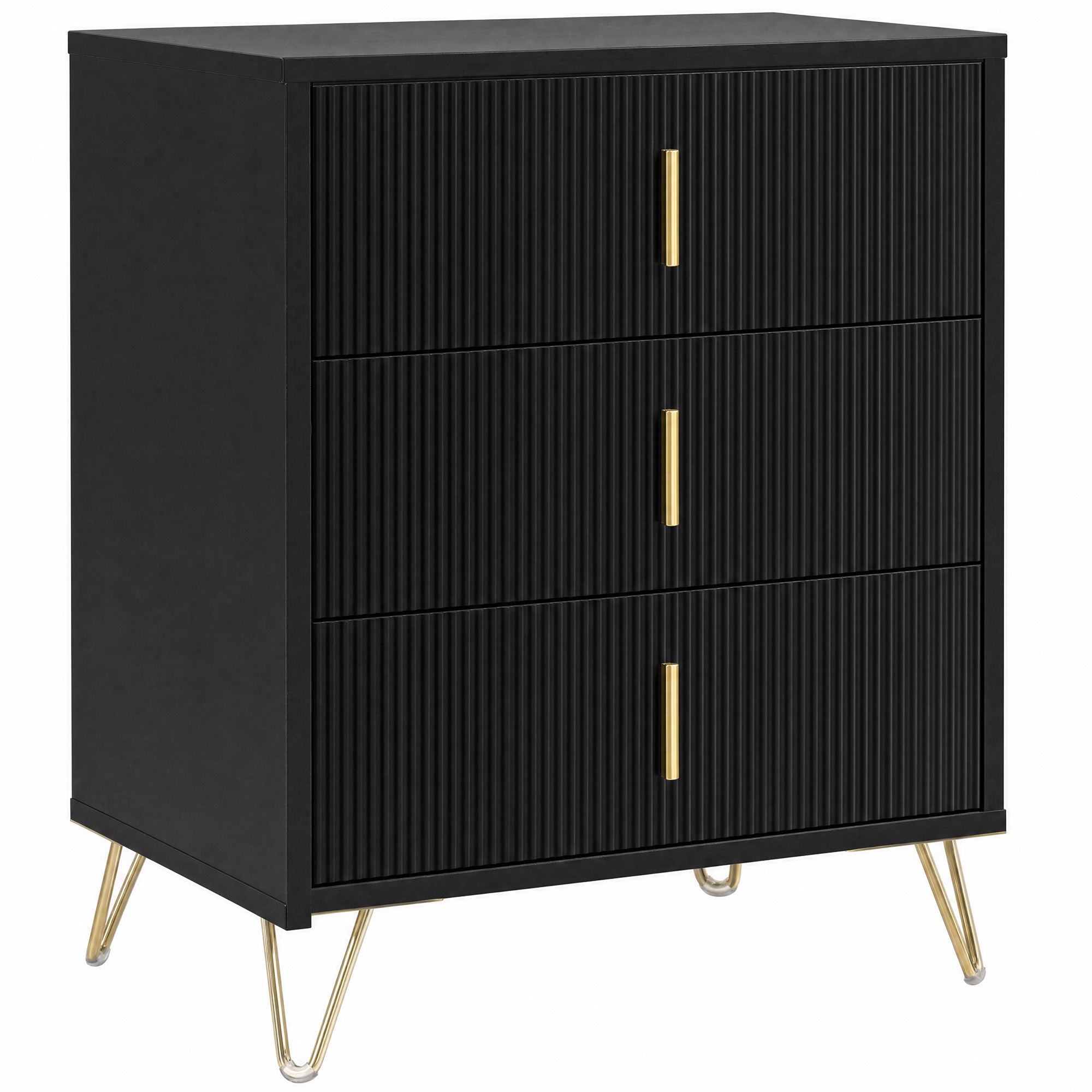 HOMCOM Modern 3-Drawer Dresser, Fluted Bedroom Dresser Chest of Drawers with Metal Legs and Steel Handles for Bedroom, Black