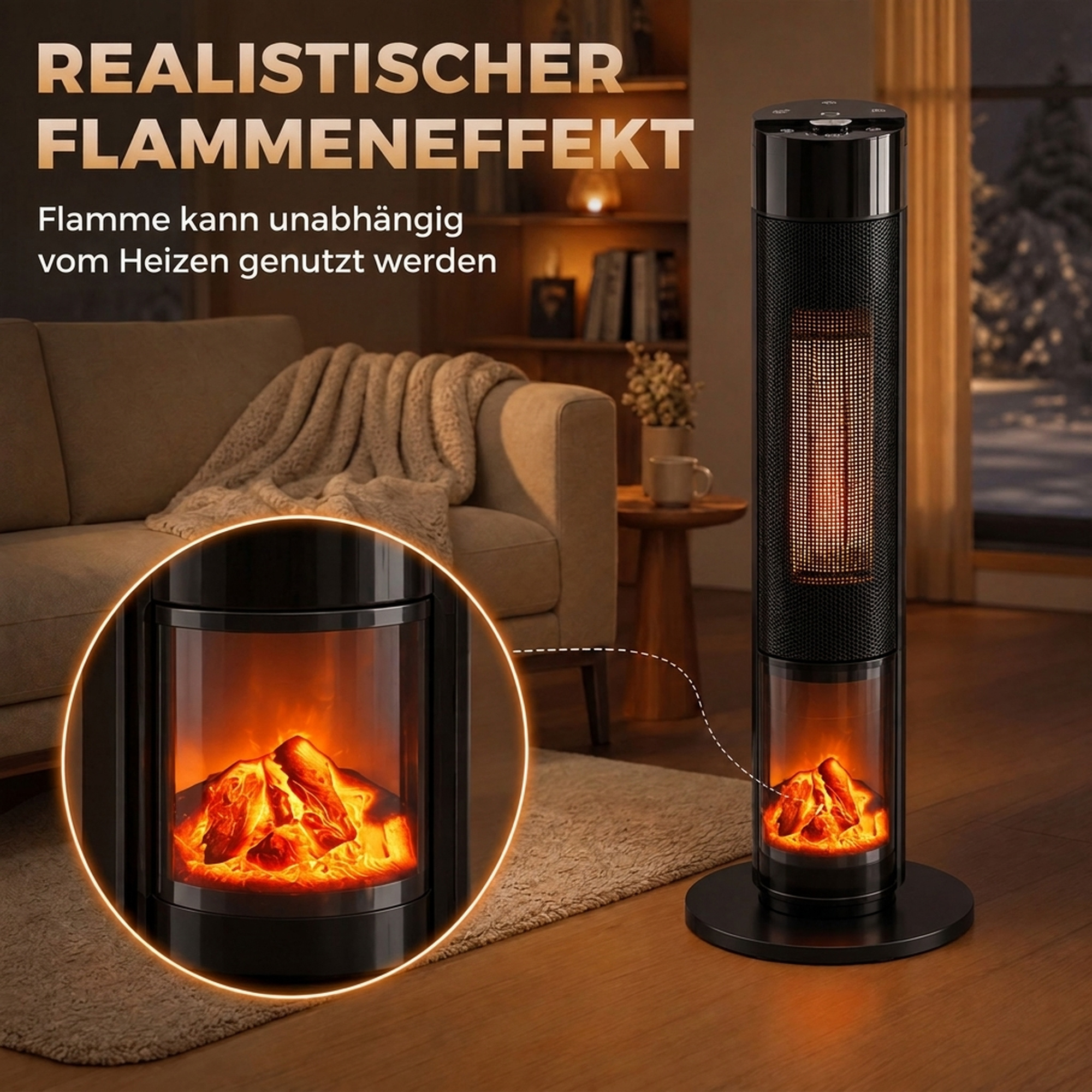 Keraamiline ventilaatorkütteseade 2000W termostaat 3D-leegiga elektrikütteseade puldiga must