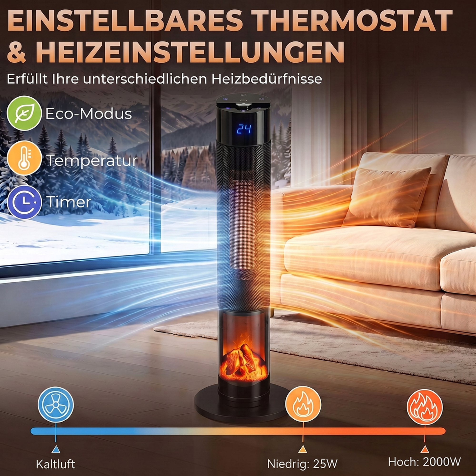 Keraamiline ventilaatorkütteseade 2000W termostaat 3D-leegiga elektrikütteseade puldiga must