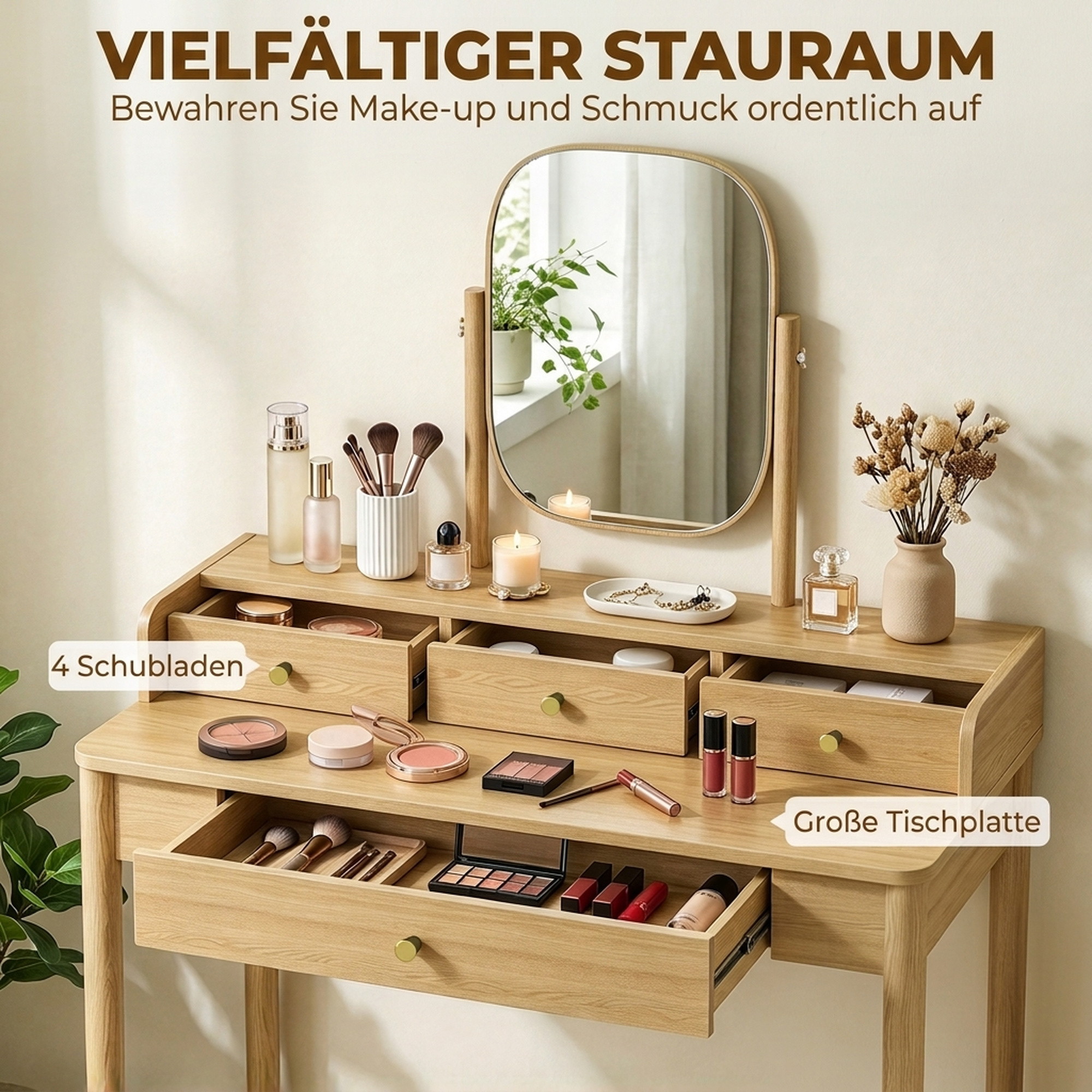 Tualettlaud pöörleva peegliga, männipuidust 4 sahtliga meiklaud, hoiuruum magamistuppa, tamm