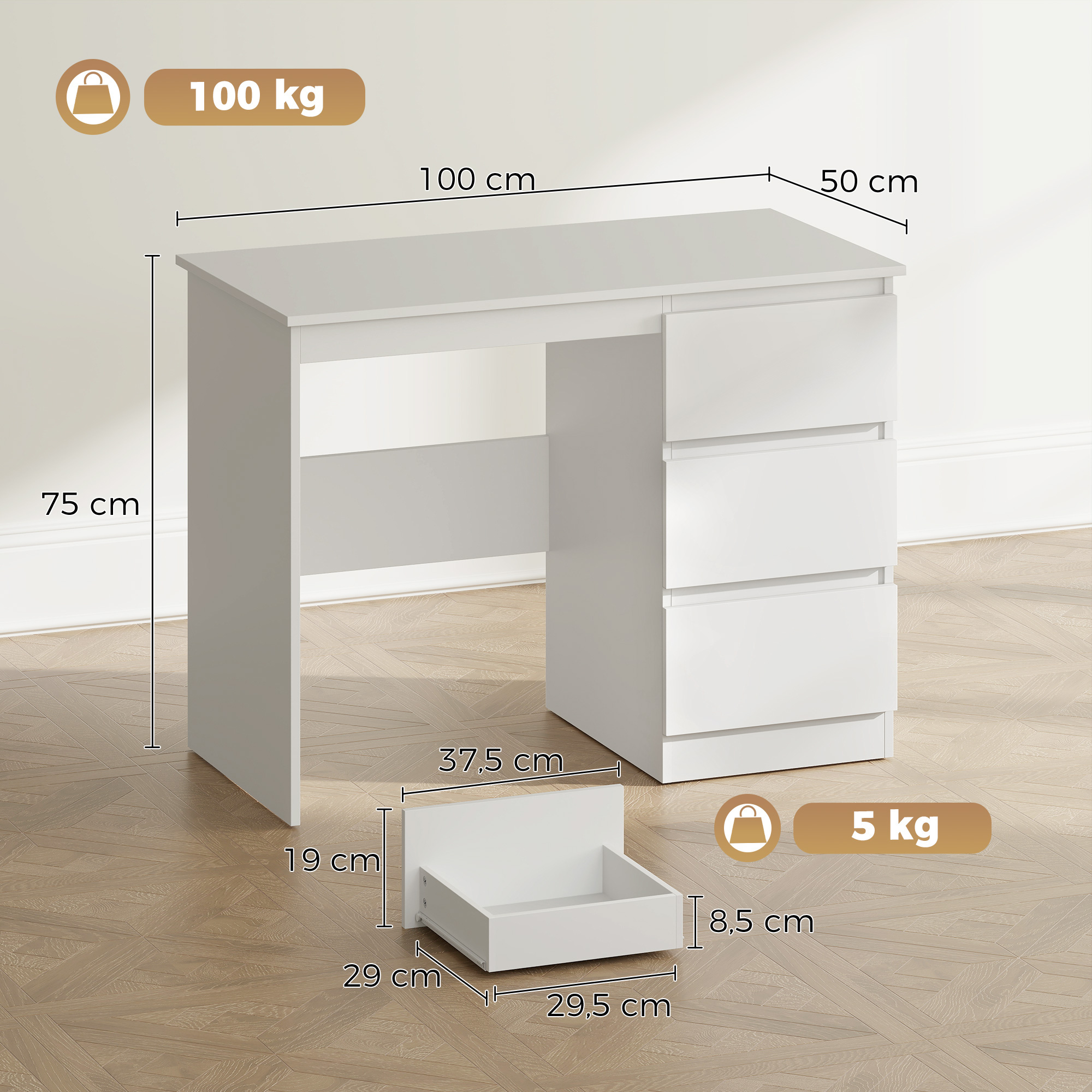 Arvutilaud 3 sahtliga, moodne kontorilaud, arvutilaud 100 x 50 x 75 cm, valge