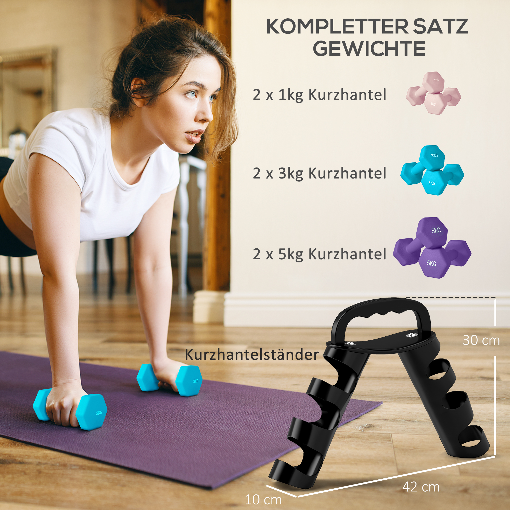 Hantlite komplekt hoiurestiga, 6 hantlit treeninguks, 2 x 1kg, 2 x 3kg, 2 x 5kg