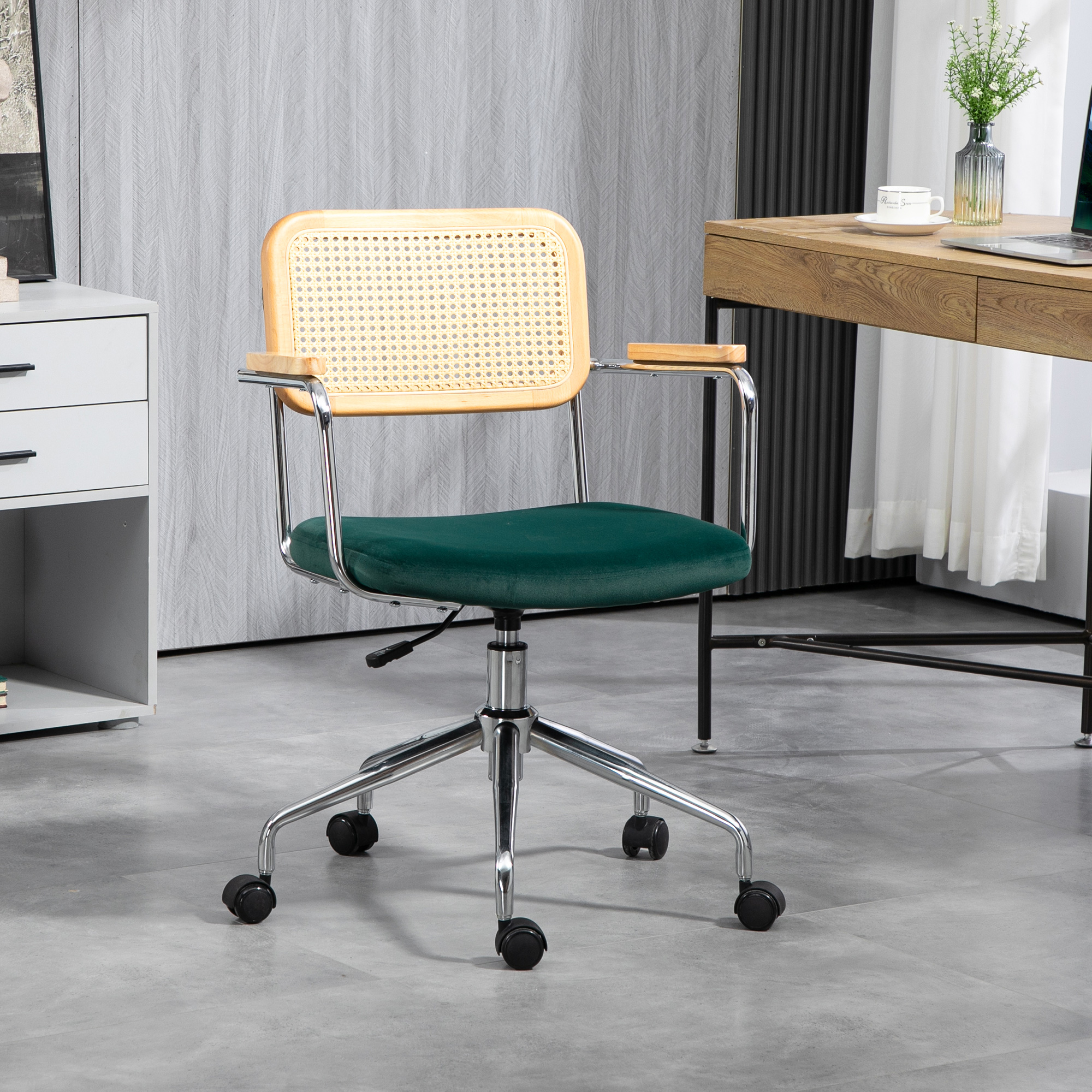 HOMCOM Bureaustoel in Boho Ontwerp met Houten Armleuningen Luxe Retro Fluweel-look Hoogte Verstelbaar 57 x 57 x 80-88 cm tot 120kg Groen | Aosom.nl