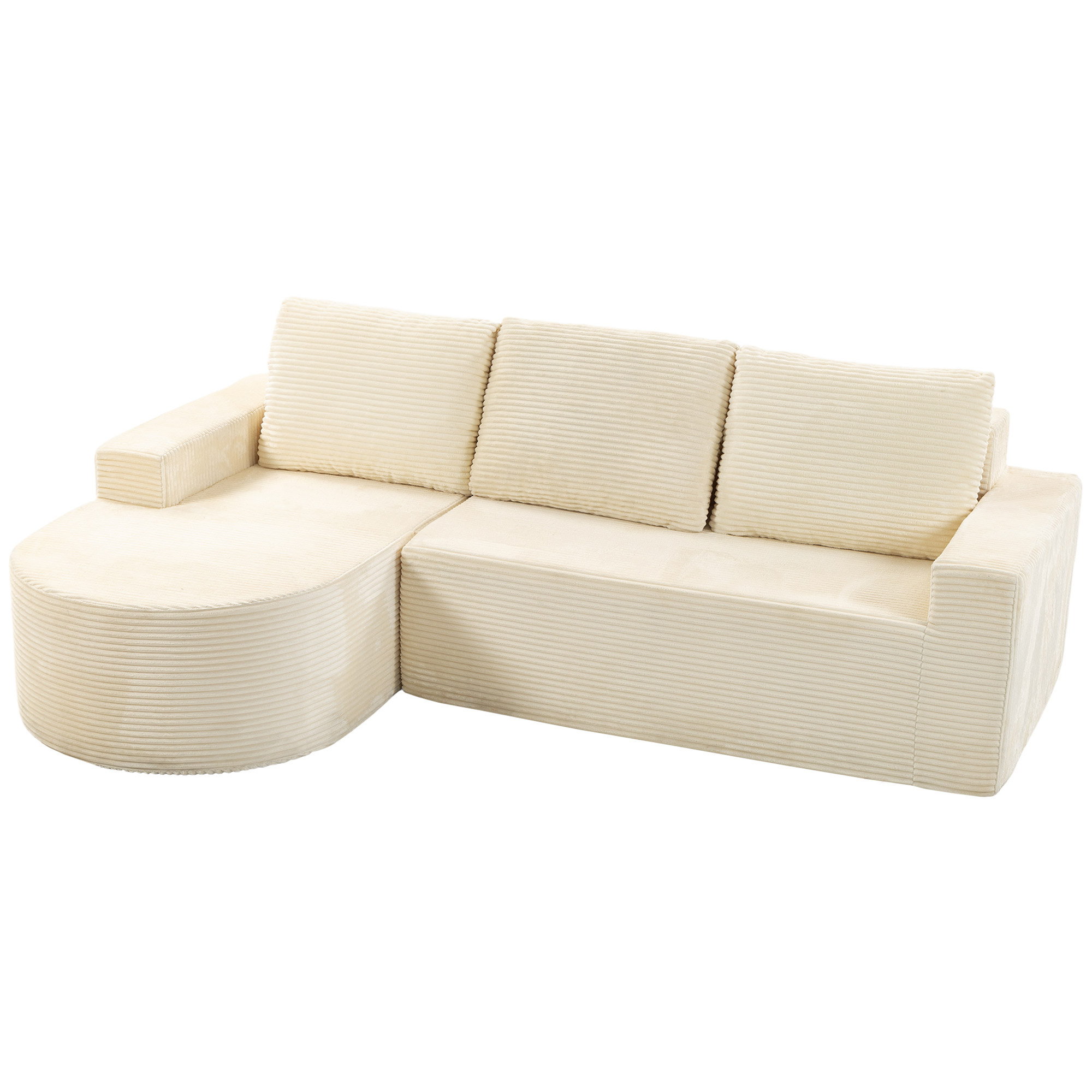 Canapé d'Angle 3 Places en Velours Côtelé, Canapé Compressé en L 235cm, Méridienne Incurvée, Assise Profonde, Beige