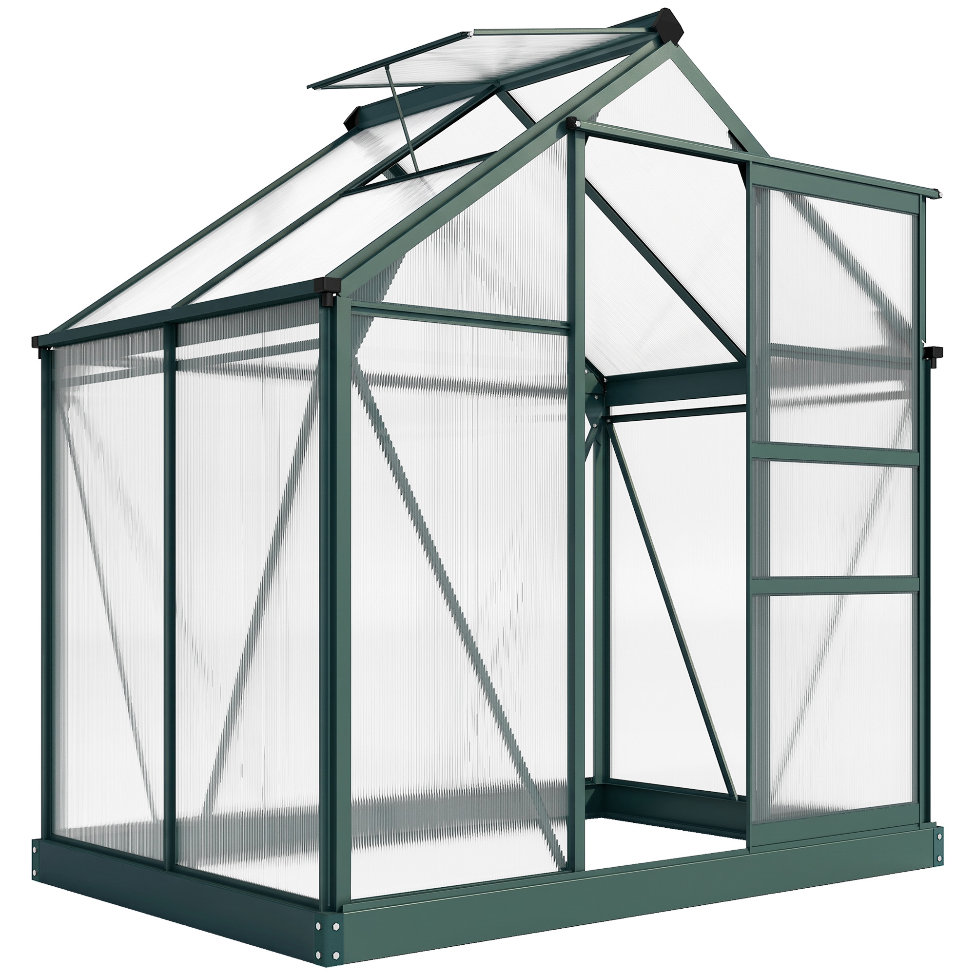 Outsunny 6 x 4ft Polycarbonate Greenhouse, Large Walk in Green House with Slide Door and Window, Garden Plants Grow House with Aluminium Frame and Foundation, Dark Green Outsunny 6 x 4ft Polycarbonate Greenhouse, Large Walk in Green House with Slide Door and Window, Garden Plants Grow House with Aluminium Frame and Foundation, Dark Green