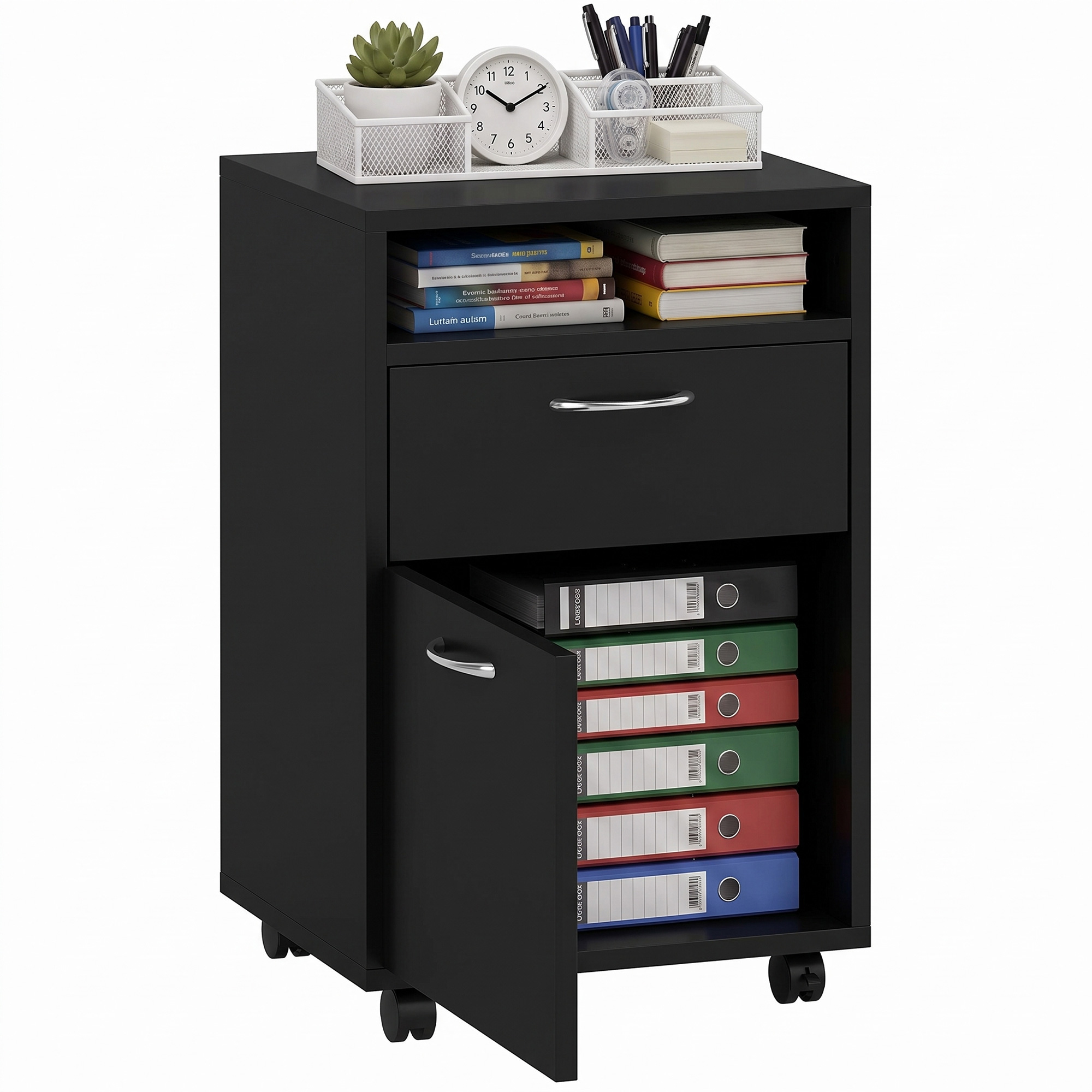 HOMCOM Filing Cabinet, Mobile File Cabinet with 2 Drawers, Office Home Organiser on Wheels for A4, Letter-Size File Folders, Mobile Printer with Open Shelf, Black