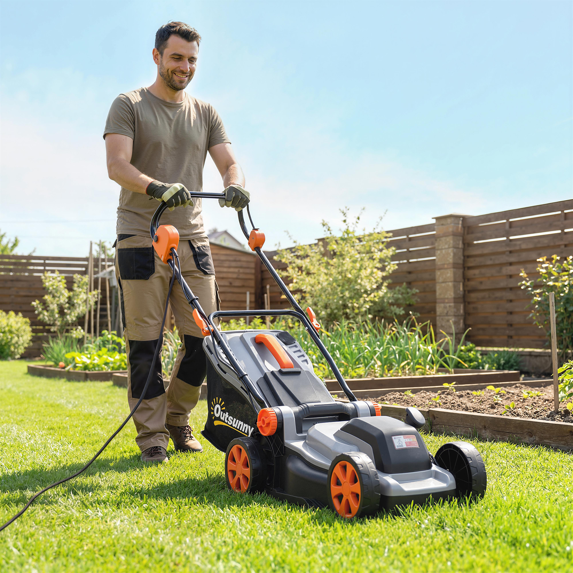 Outsunny Elektro Rasenmäher 1200 W mit 34 cm Schnittbreite 35L Fangkorb Mulchfunktion 6 Schnitthöhen Elektrischer Sichelmäher mit 3-fache Höhenverstellbar abneh – Bild 2 von 2