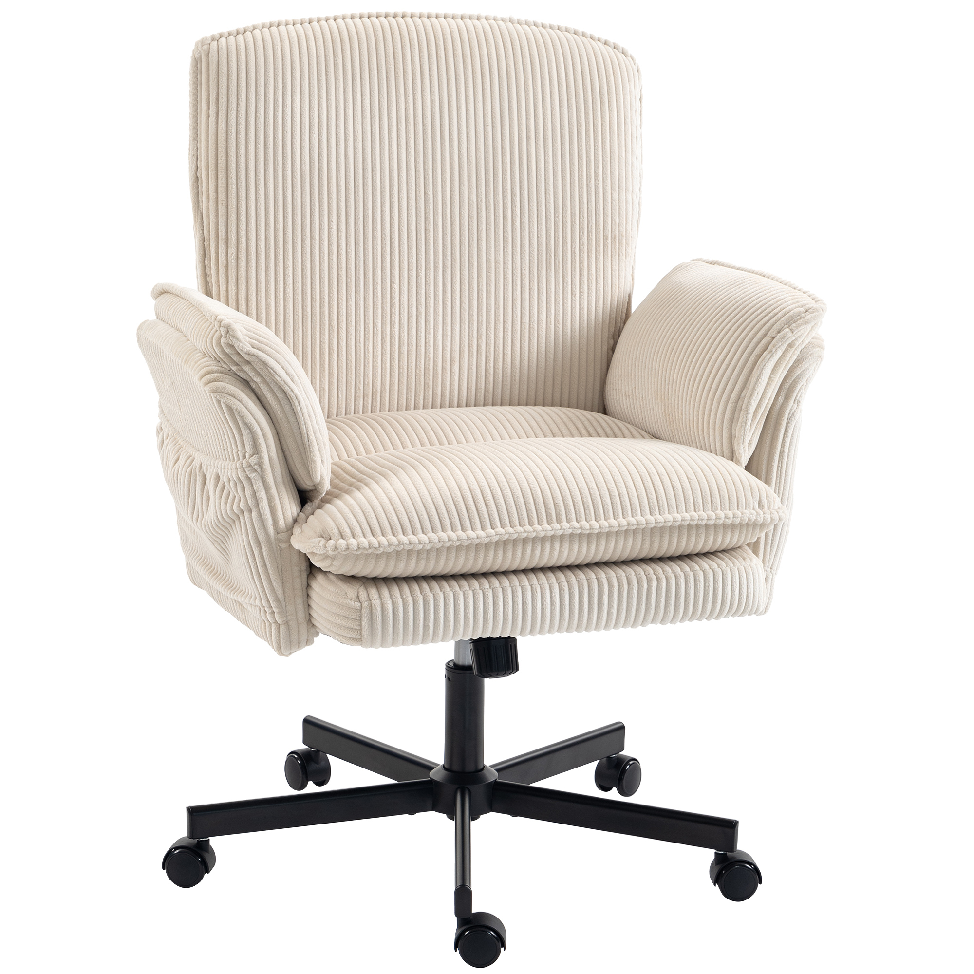 HOMCOM Bürostuhl Schneidersitz Stuhl mit Aufklappbare Armlehnen, Gepolstert Schreibtischstuhl, Höhenverstellbar Drehstuhl, Home Office Stuhl mit Wippfunktion, Cord-Optik, Beige Aosom