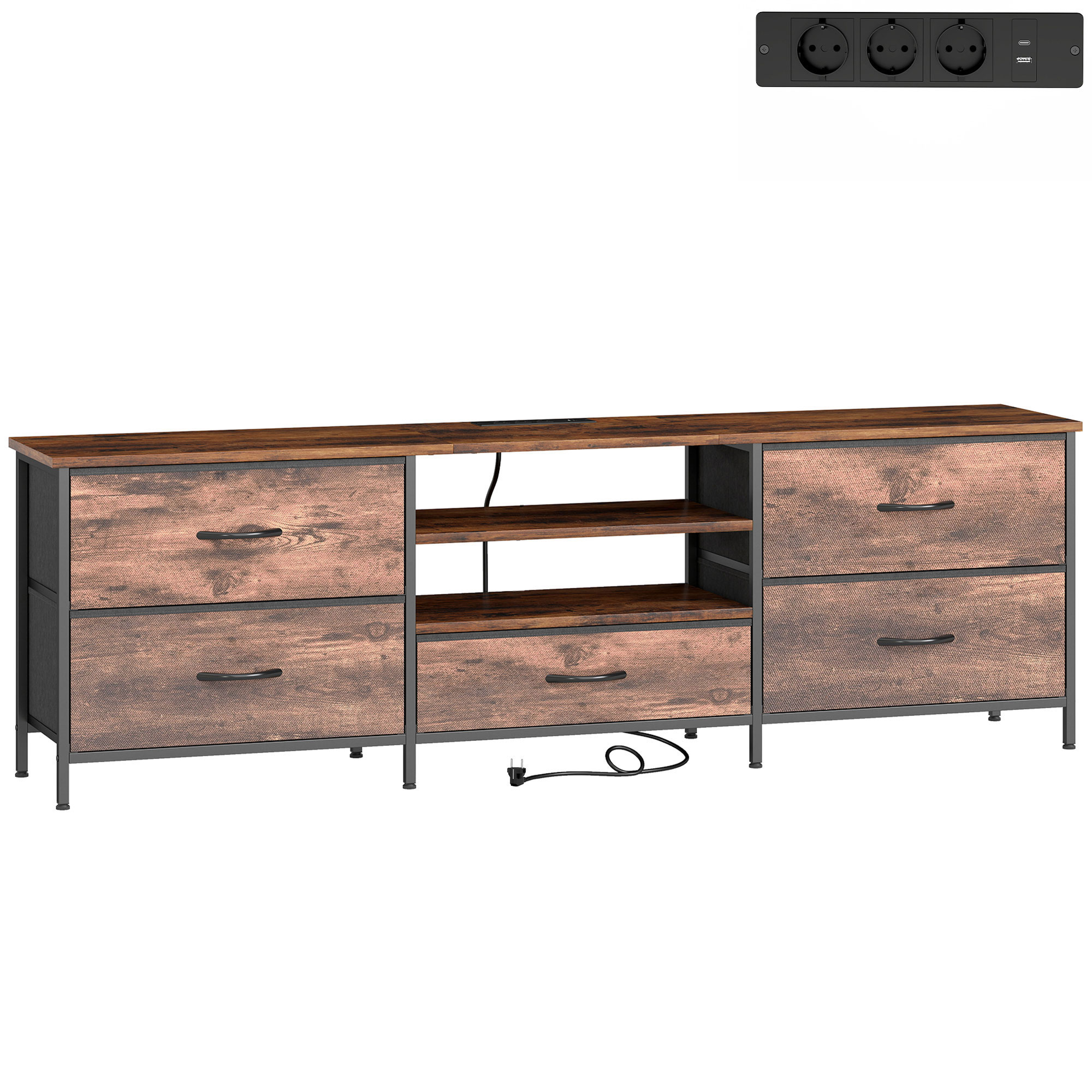 HOMCOM Meuble TV 160 cm, Meuble Télé 70 Pouces, Station de Charge, 5 Tiroirs en Tissu, Étagères Ouvertes, Brun Rustique