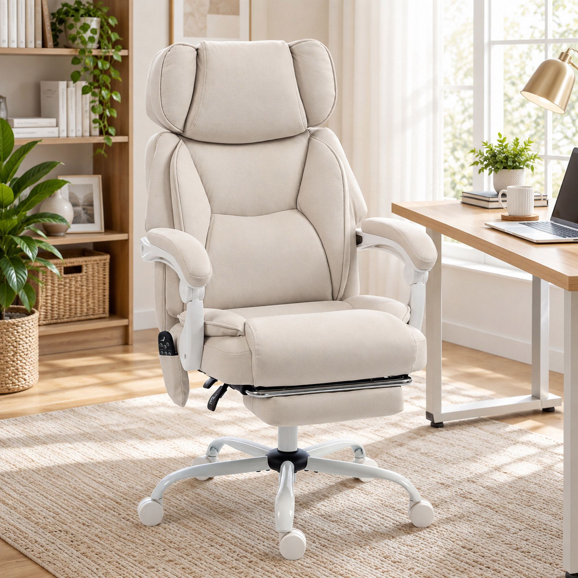 HOMCOM Office Chair with Massage| Heat| Adjustable Headrest| Leathaire? Reclining Desk Chair with Footrest| Cream White