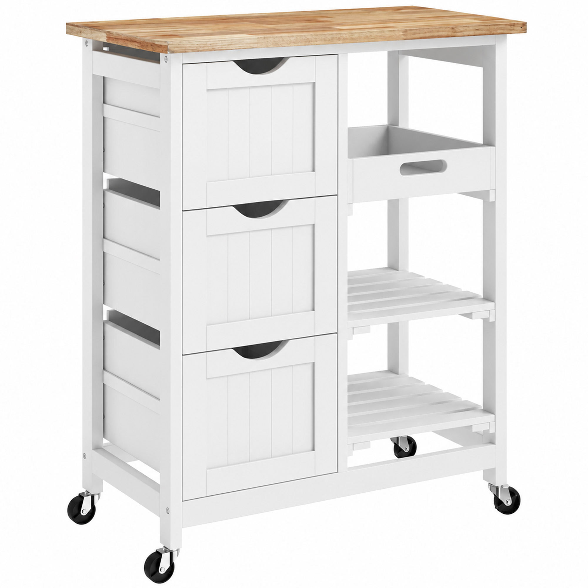 Chariot desserte de cuisine à roulettes plan de travail en bois 3 tiroirs + 1 plateau amovible blanc