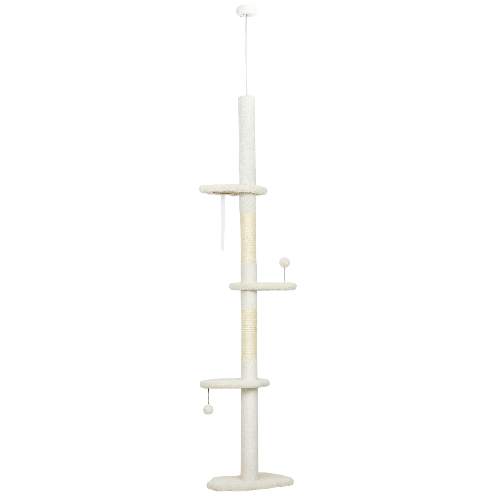 PawHut 225-255 cm Adjustable Cat Climbing Tower with Sisal Scratching Posts, 2 Hanging Play Balls and Anti-Tip Strap, Beige