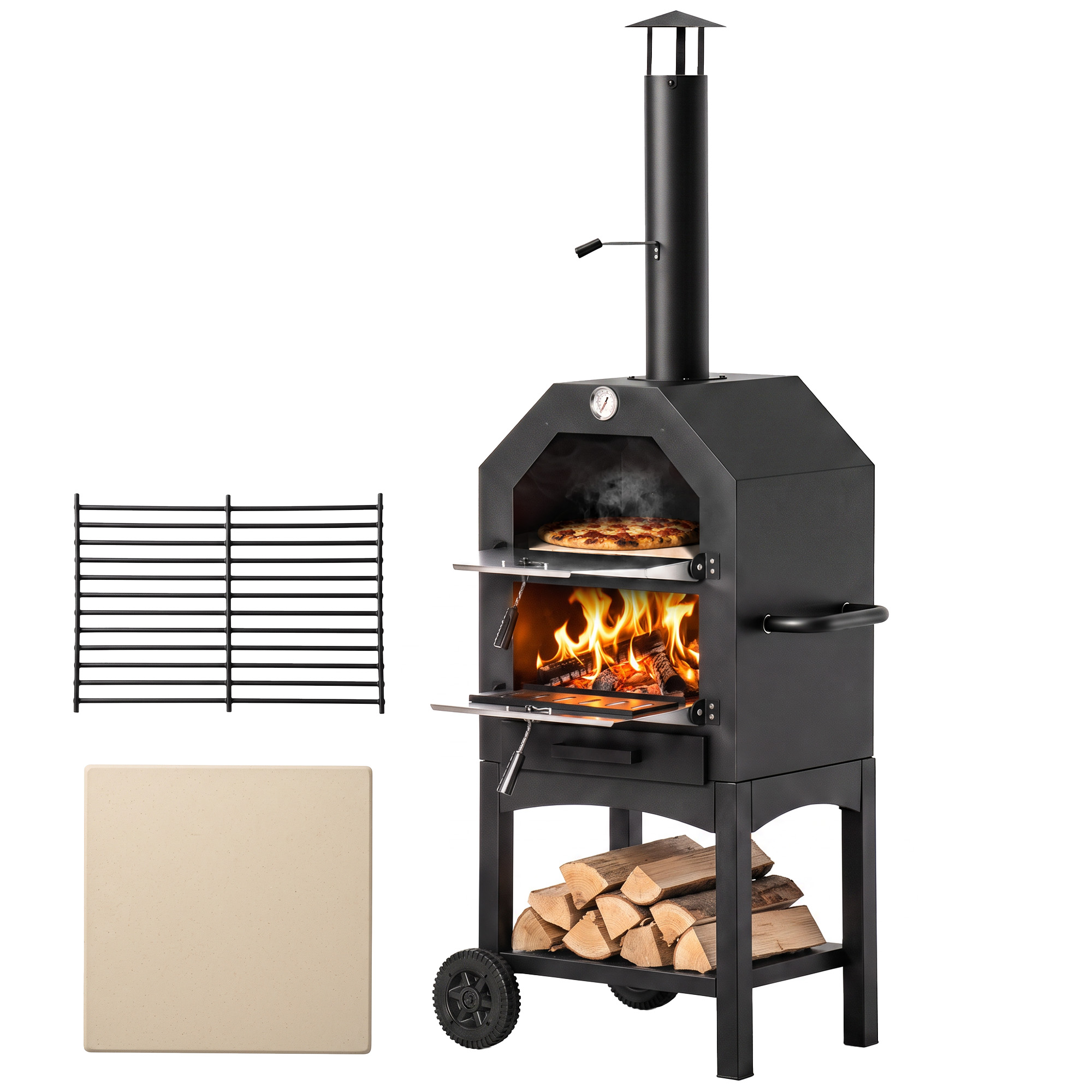 Outsunny Outdoor Garden Pizza Oven Charcoal BBQ Grill 3-Tier Freestanding w/ Chimney, Mesh Shelf, Thermometer Handles, Wheels Garden Party Gathering Steel Cooker