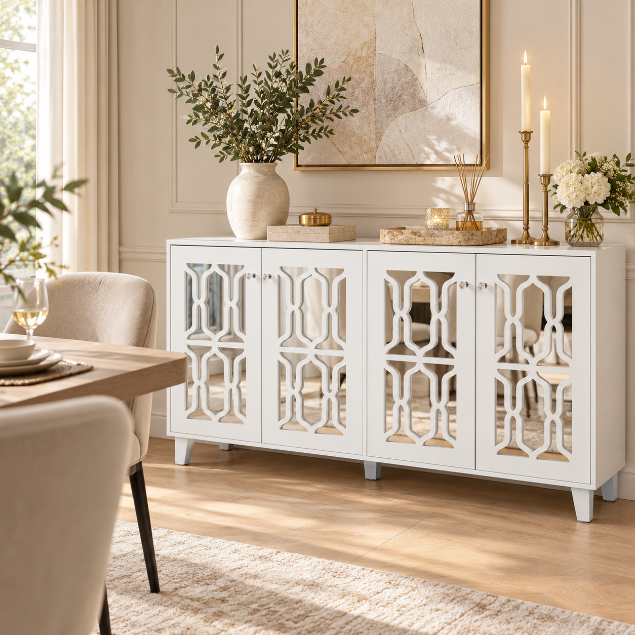 Dressoir met wit gespiegeld oppervlak en luxueuze kristalgrepen, wit | Aosom Netherlands