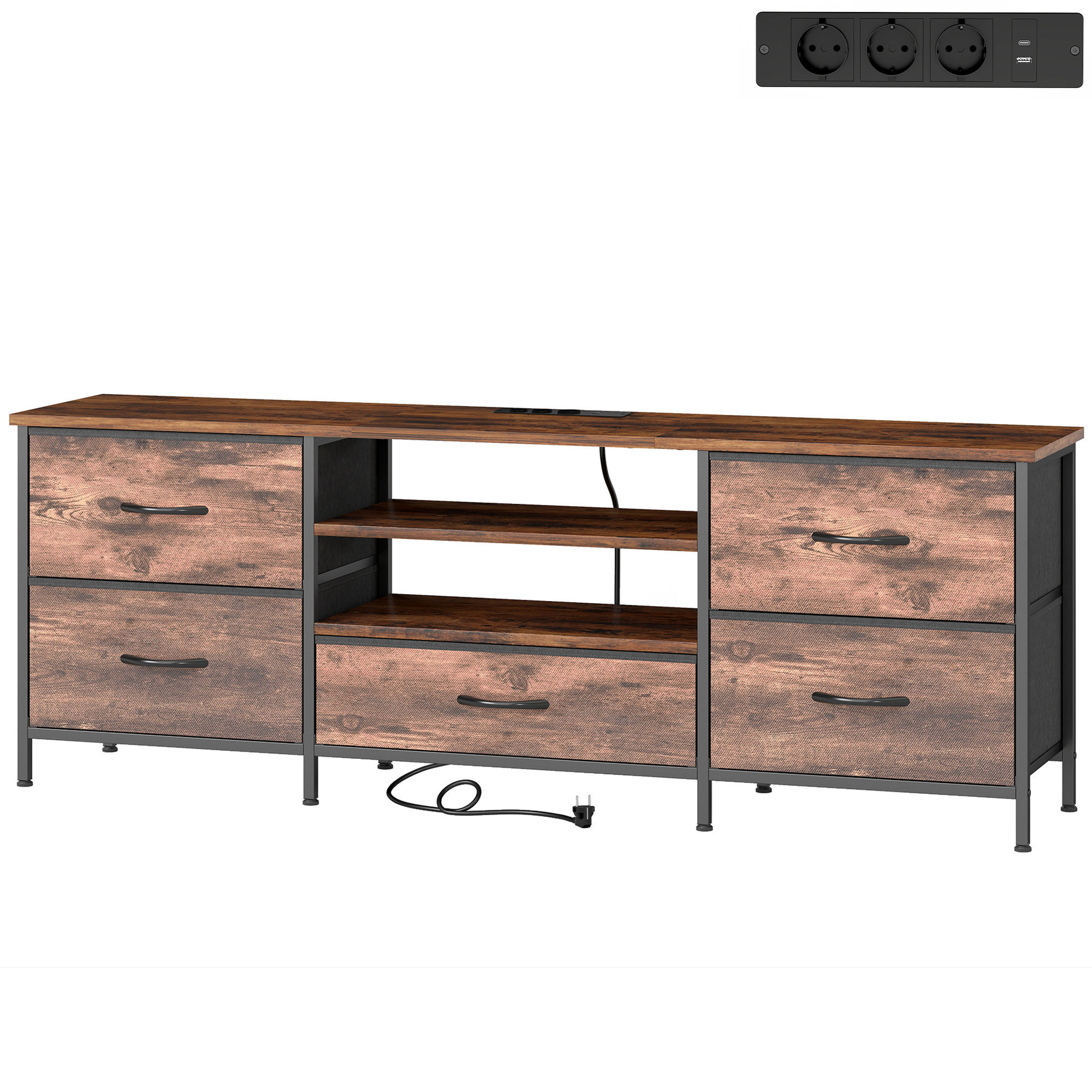 HOMCOM Meuble TV 140 cm, Meuble Télé 65 Pouces, Station de Charge, 5 Tiroirs en Tissu, Étagères Ouvertes, Brun Rustique