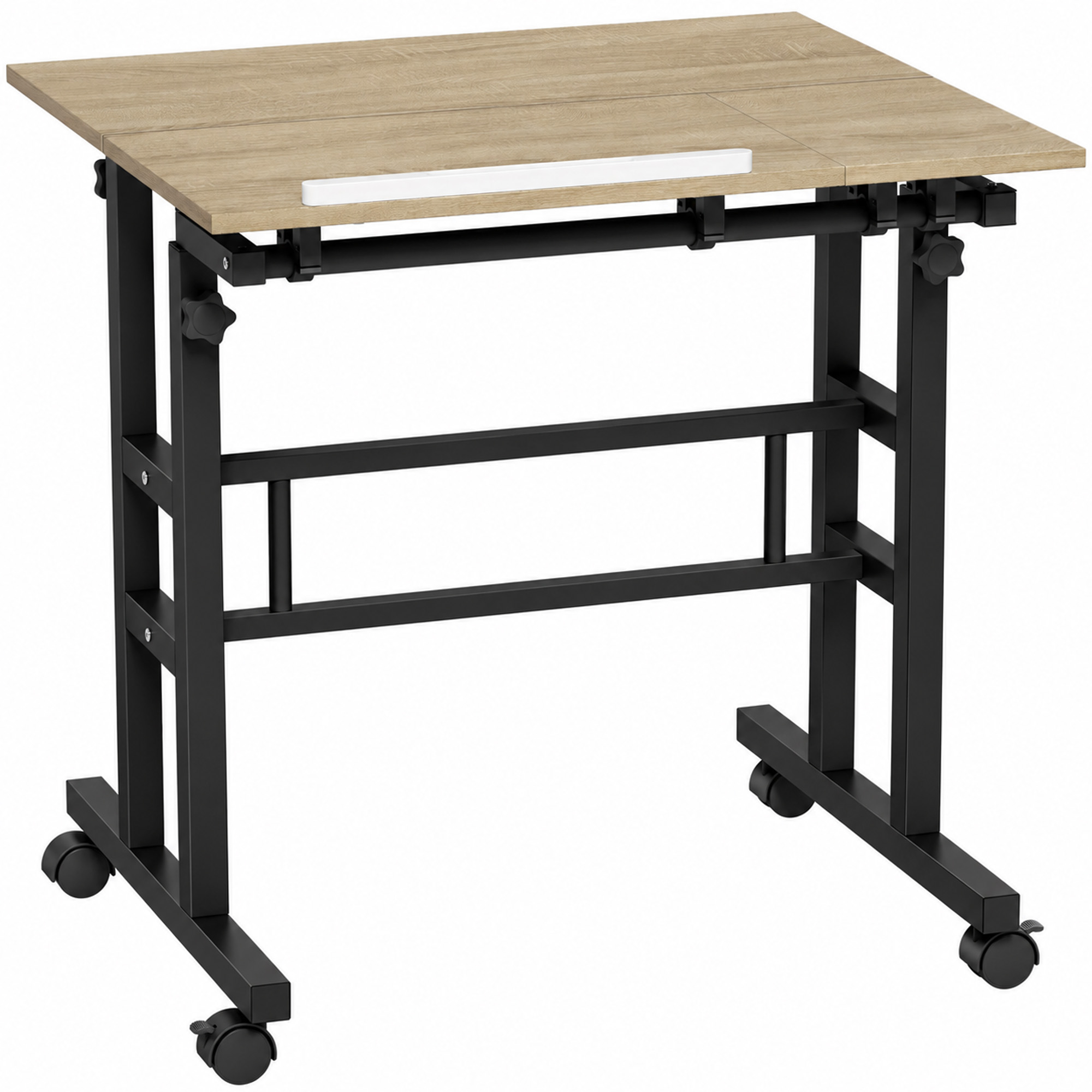 Bureau assis debout bureau réglable en hauteur à roulettes avec plateau inclinable cadre en métal marron