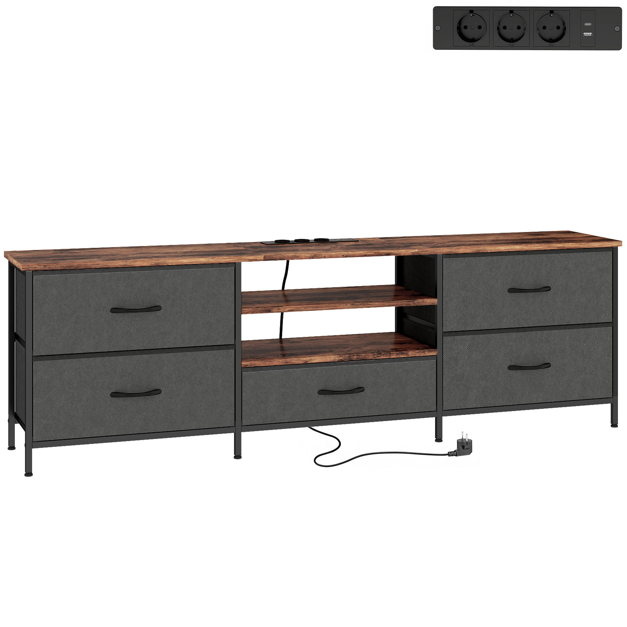 HOMCOM Meuble TV 160 cm, Meuble Télé 70 Pouces, Station de Charge, 5 Tiroirs en Tissu, Étagères Ouvertes, Gris Foncé