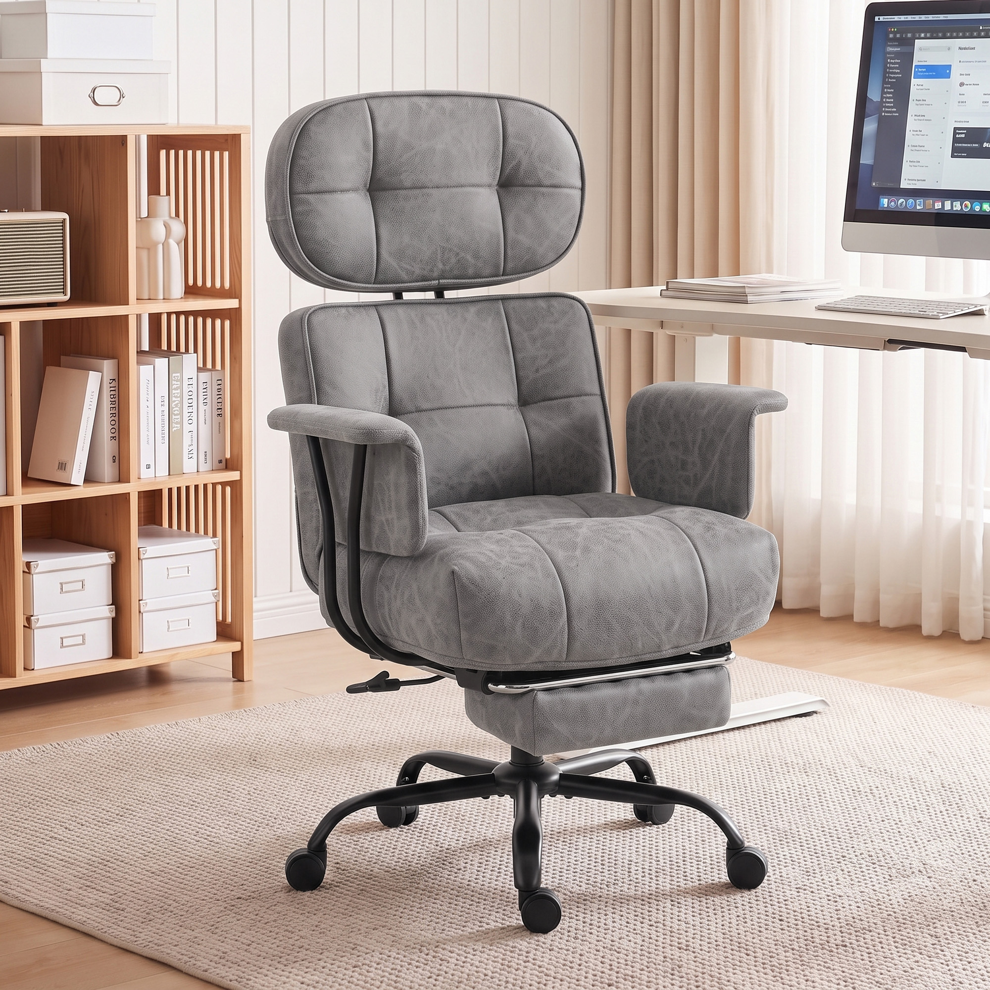 HOMCOM Office Chair| Big and Tall Desk Chair with Footrest| Wide Seat| Leathaire| Reclining Back| Swivel Wheels| Grey