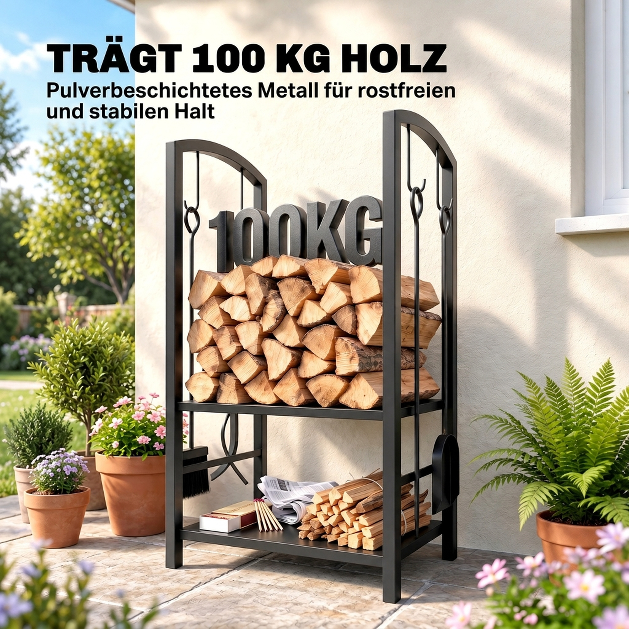 Küttepuude riiul, puude hoiustamiseks, 2 tasandit, kaminatarvikud, kuni 100 kg, teras, must, 40 x 30 x 74,5 cm