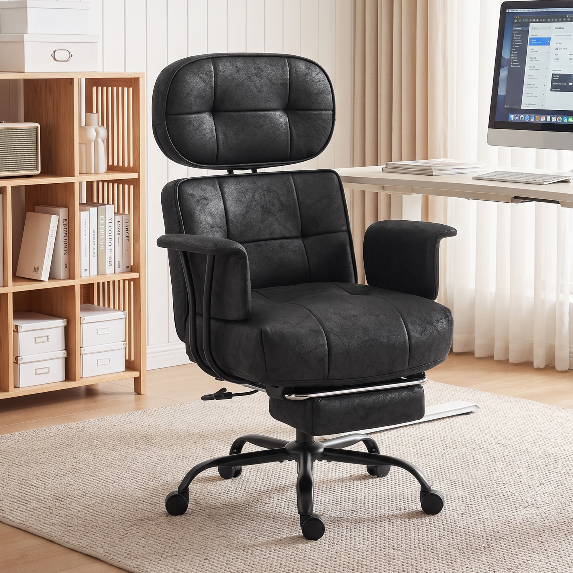 HOMCOM Office Chair| Big and Tall Desk Chair with Footrest| Wide Seat| Leathaire| Reclining Back| Swivel Wheels| Black