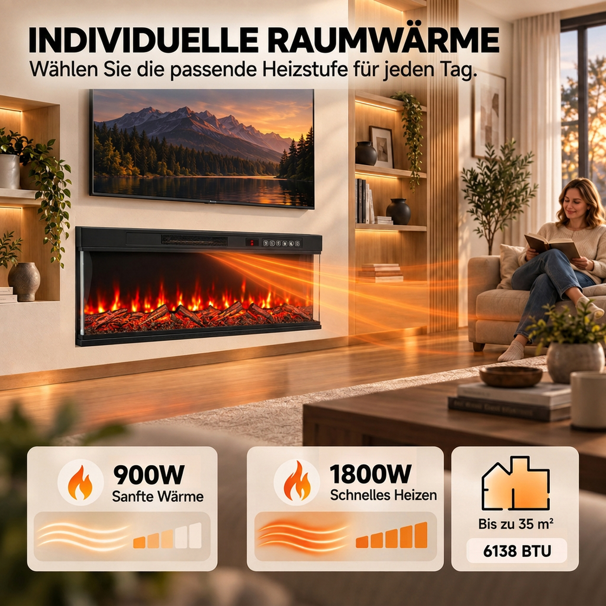 Elektriline kamin küttekeha ja 12 leegivärviga, seinale kinnitatav kamin puldiga, 127 cm